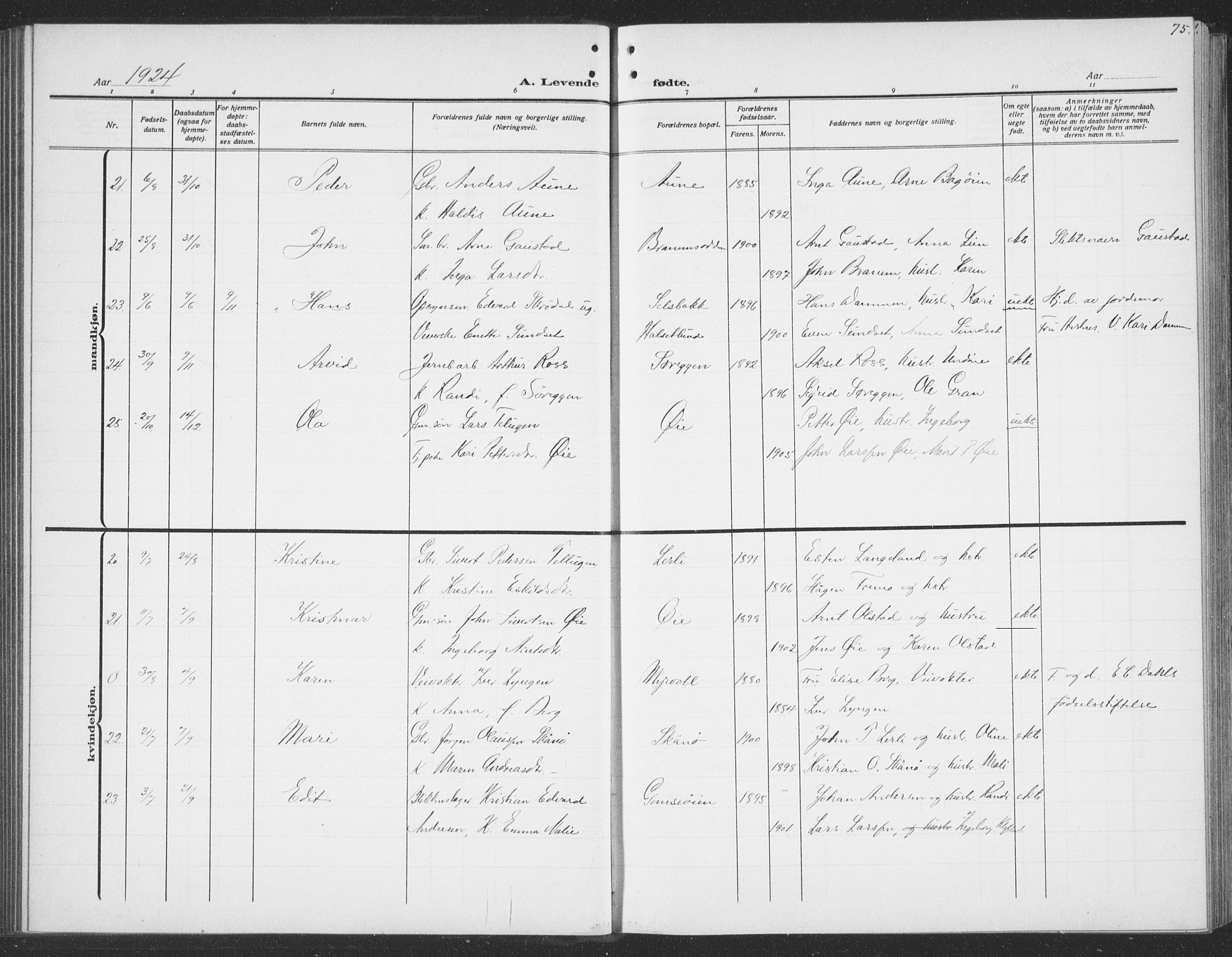Ministerialprotokoller, klokkerbøker og fødselsregistre - Sør-Trøndelag, AV/SAT-A-1456/691/L1095: Klokkerbok nr. 691C06, 1912-1933, s. 75