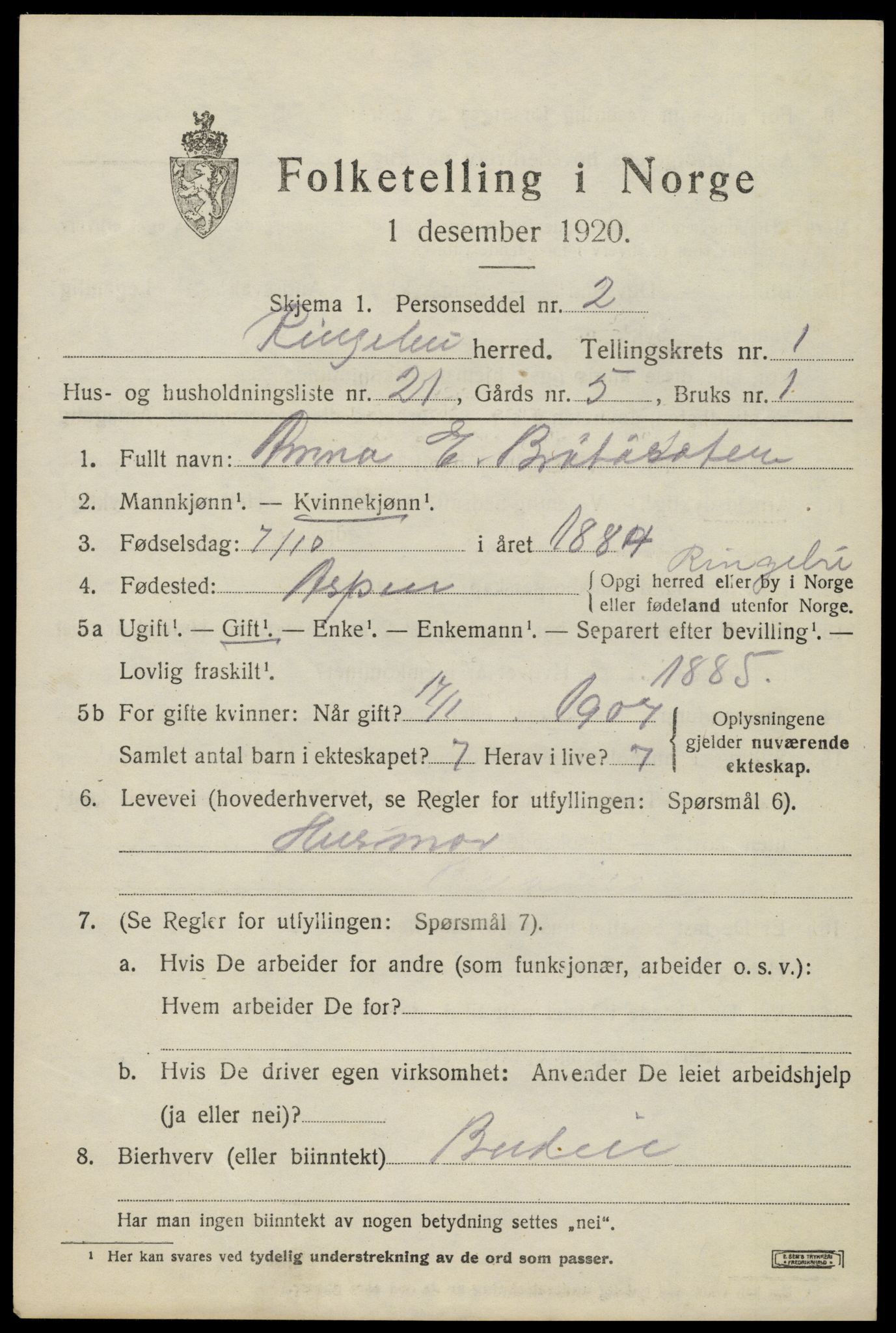SAH, Folketelling 1920 for 0520 Ringebu herred, 1920, s. 1821