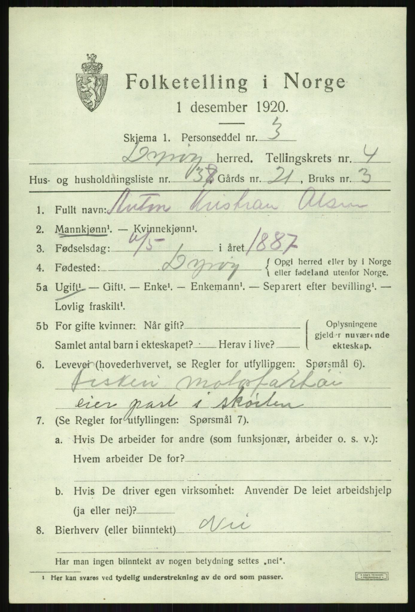 SATØ, Folketelling 1920 for 1926 Dyrøy herred, 1920, s. 2633