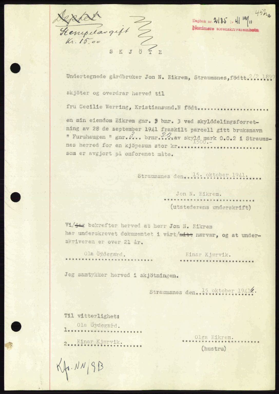 Nordmøre sorenskriveri, AV/SAT-A-4132/1/2/2Ca: Pantebok nr. A91, 1941-1942, Dagboknr: 2185/1941