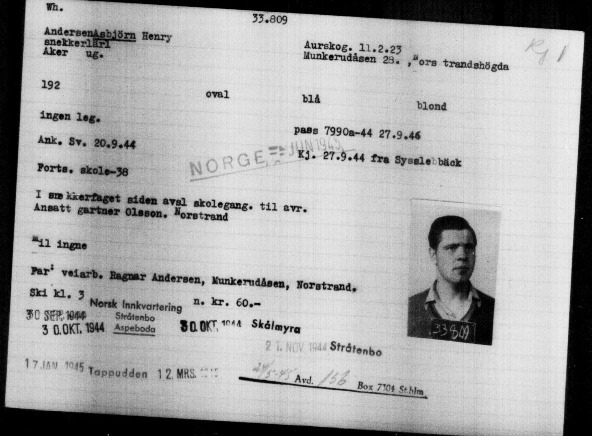 Utenriksstasjonene, Legasjonen i Stockholm, Flyktningkontoret, AV/RA-S-6753/V/Va/L0013: Kjesäterkartoteket, flyktninger med registreringsnr. 31500-34731, 1940-1945, s. 2437
