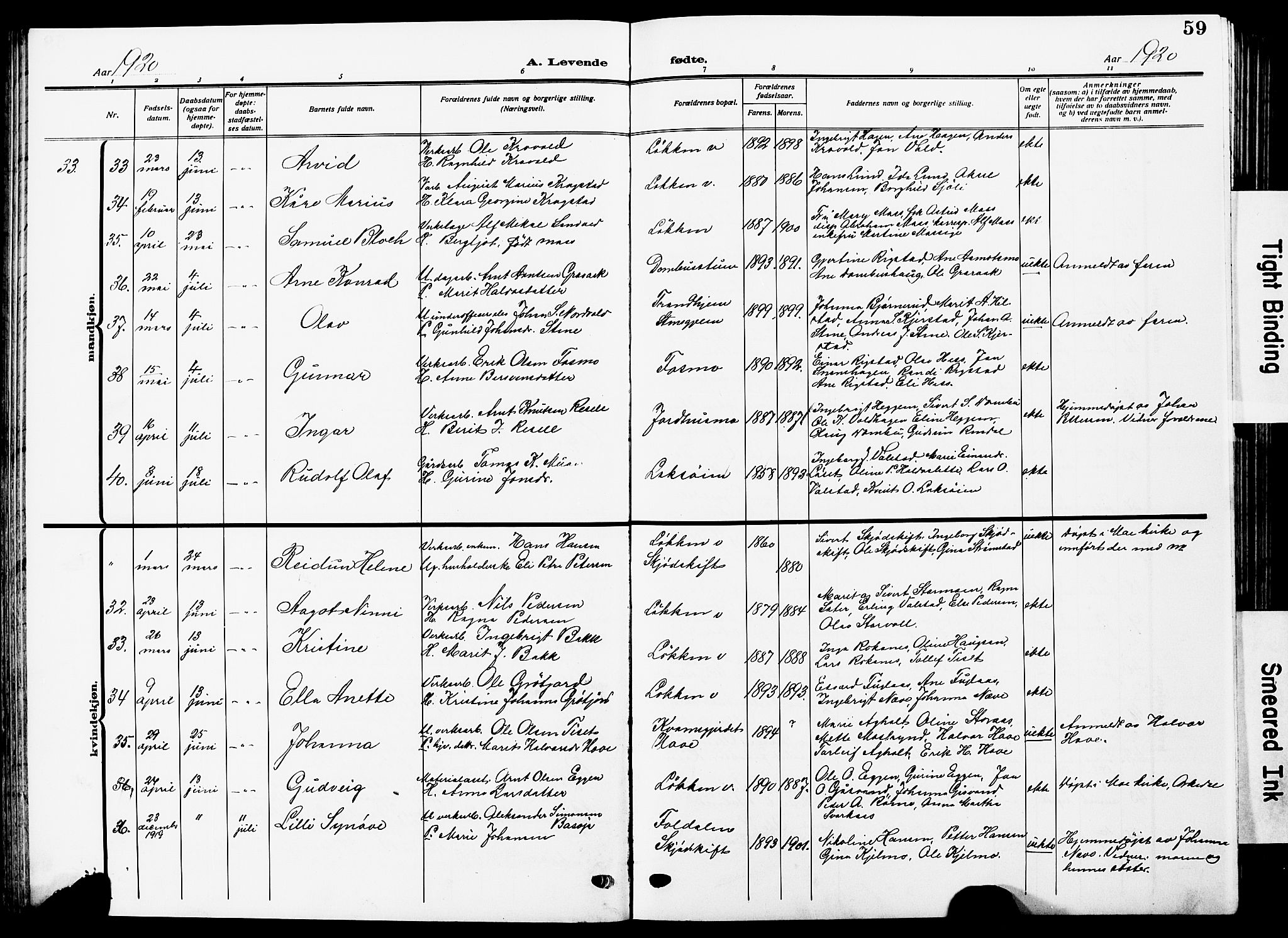 Ministerialprotokoller, klokkerbøker og fødselsregistre - Sør-Trøndelag, SAT/A-1456/672/L0865: Klokkerbok nr. 672C04, 1914-1928, s. 59