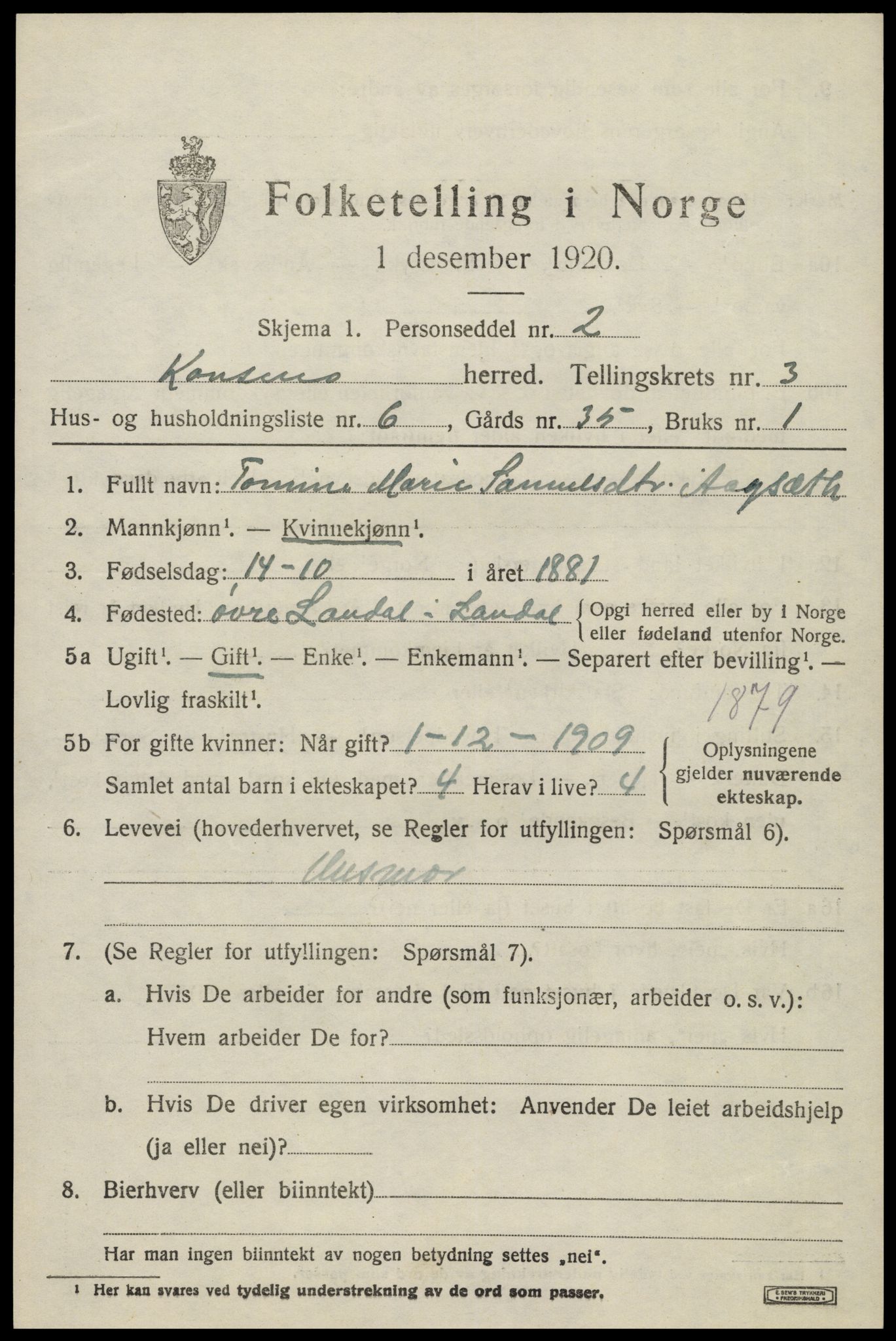 SAK, Folketelling 1920 for 1027 Konsmo herred, 1920, s. 1168