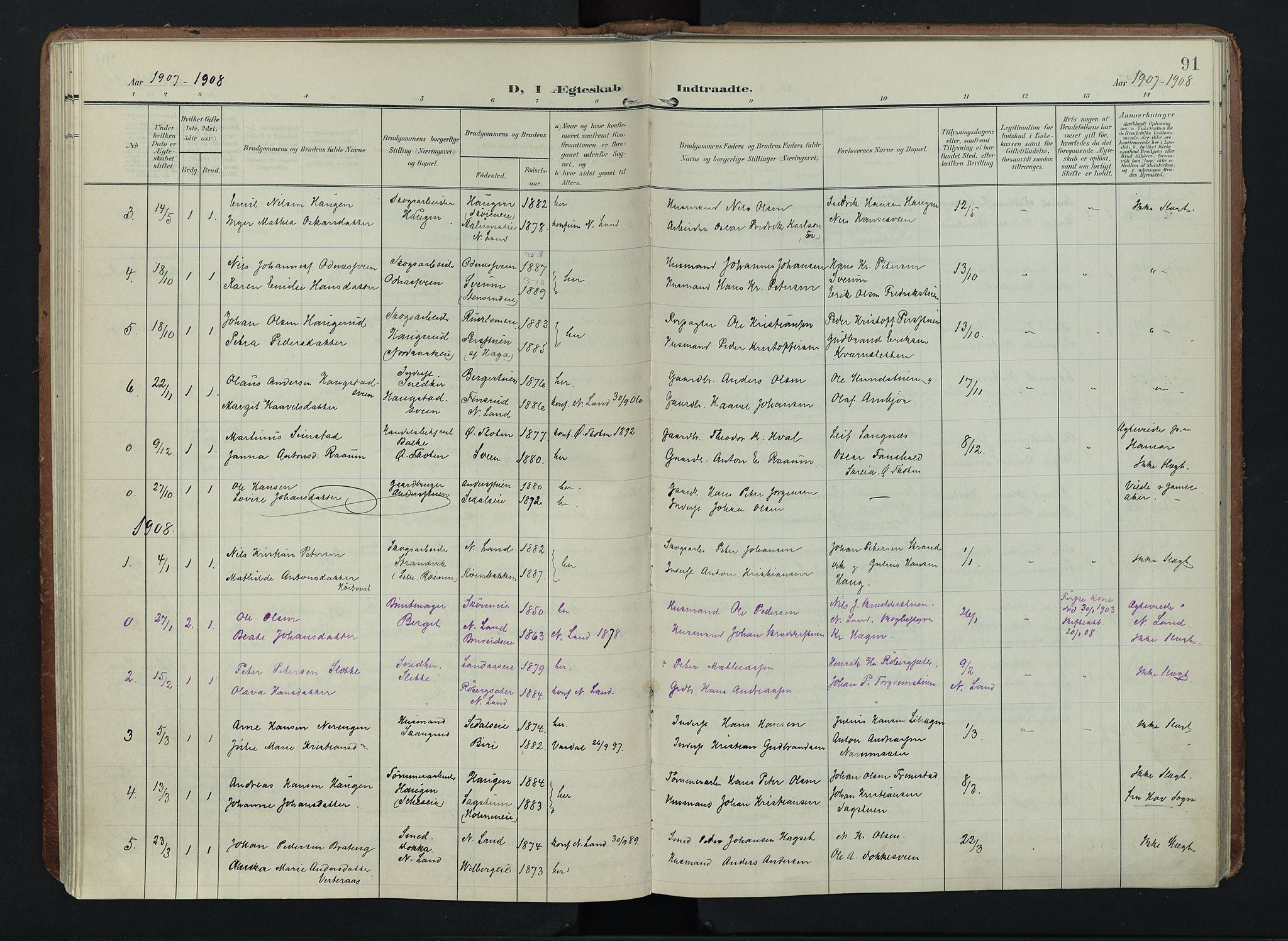 Søndre Land prestekontor, SAH/PREST-122/K/L0005: Ministerialbok nr. 5, 1905-1914, s. 91