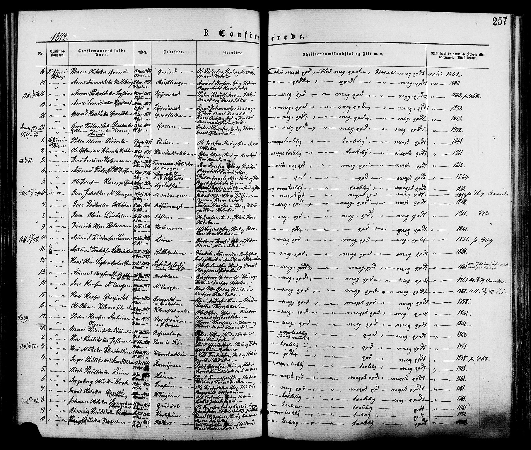 Nord-Fron prestekontor, AV/SAH-PREST-080/H/Ha/Haa/L0002: Ministerialbok nr. 2, 1865-1883, s. 257