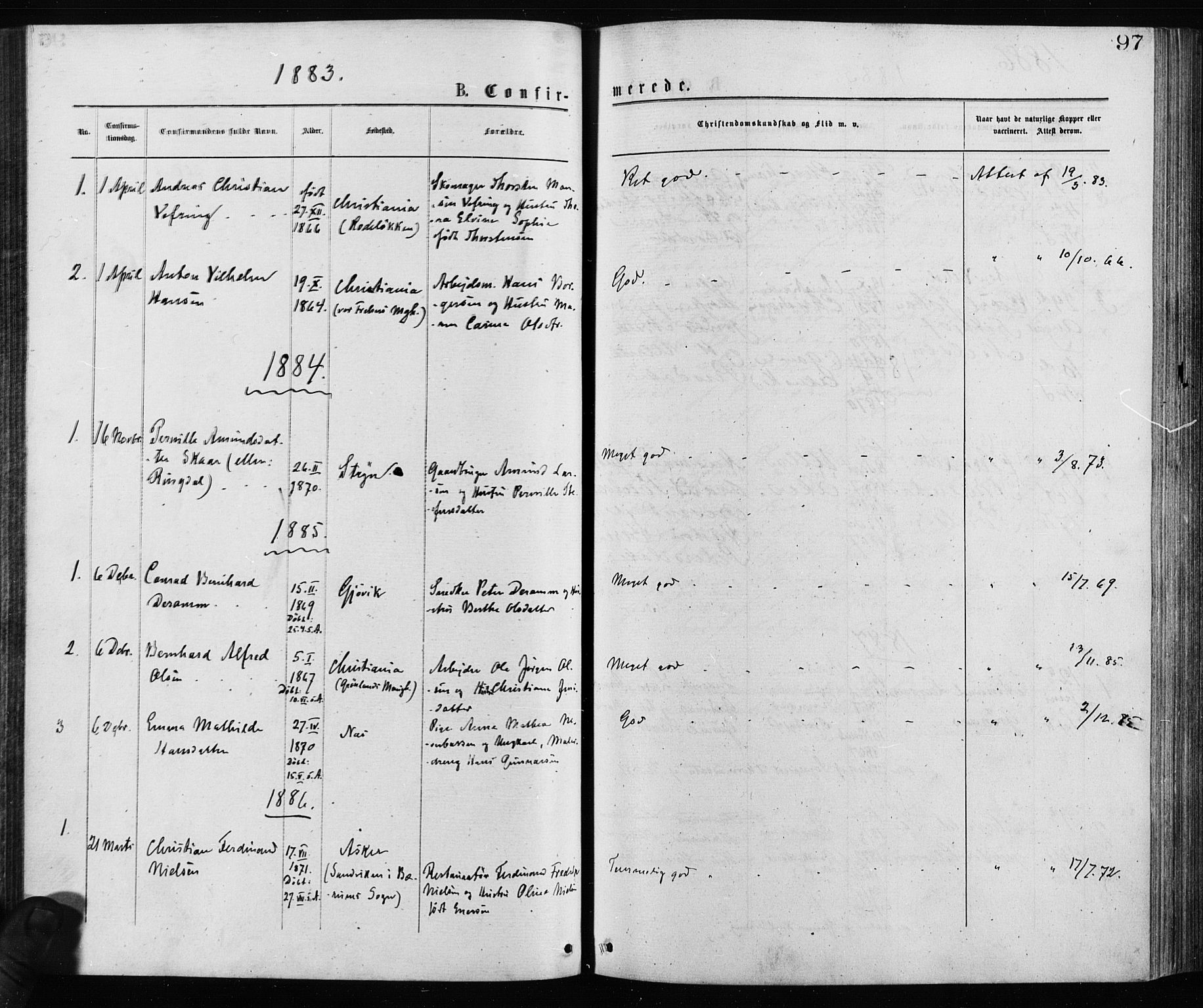 Krohgstøtten sykehusprest Kirkebøker, SAO/A-10854/F/Fa/L0002: Ministerialbok nr. 2, 1873-1932, s. 97