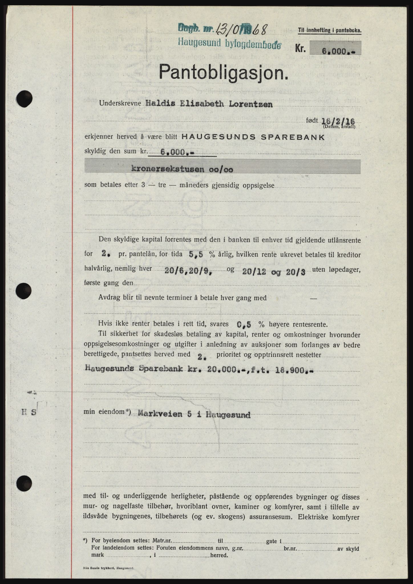 Haugesund tingrett, SAST/A-101415/01/II/IIC/L0058: Pantebok nr. B 58, 1967-1968, Dagboknr: 1310/1968