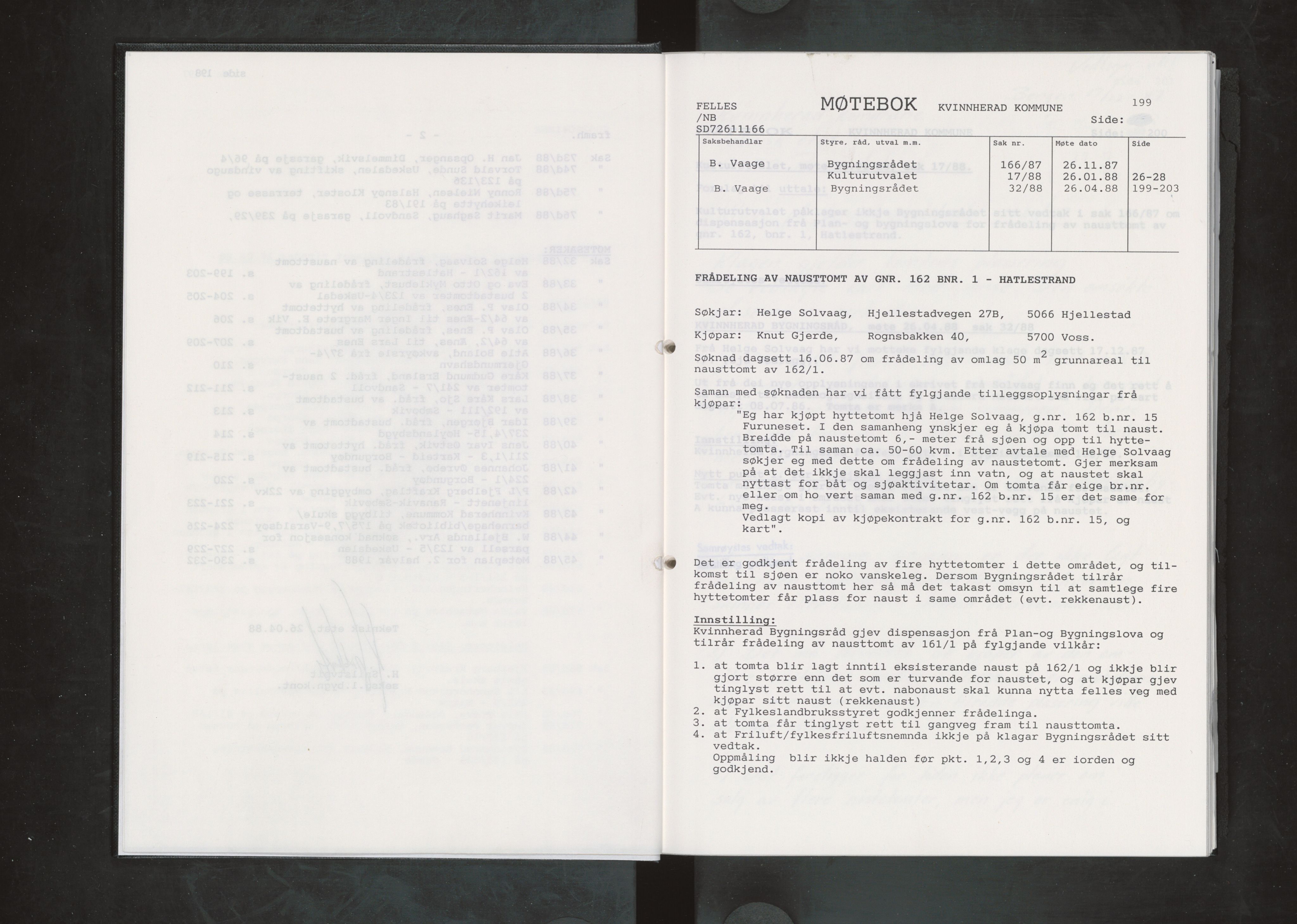 Kvinnherad kommune. Bygningsrådet , IKAH/1224-511/A/Aa/L0057: Møtebok for Kvinnherad bygningsråd, 1988