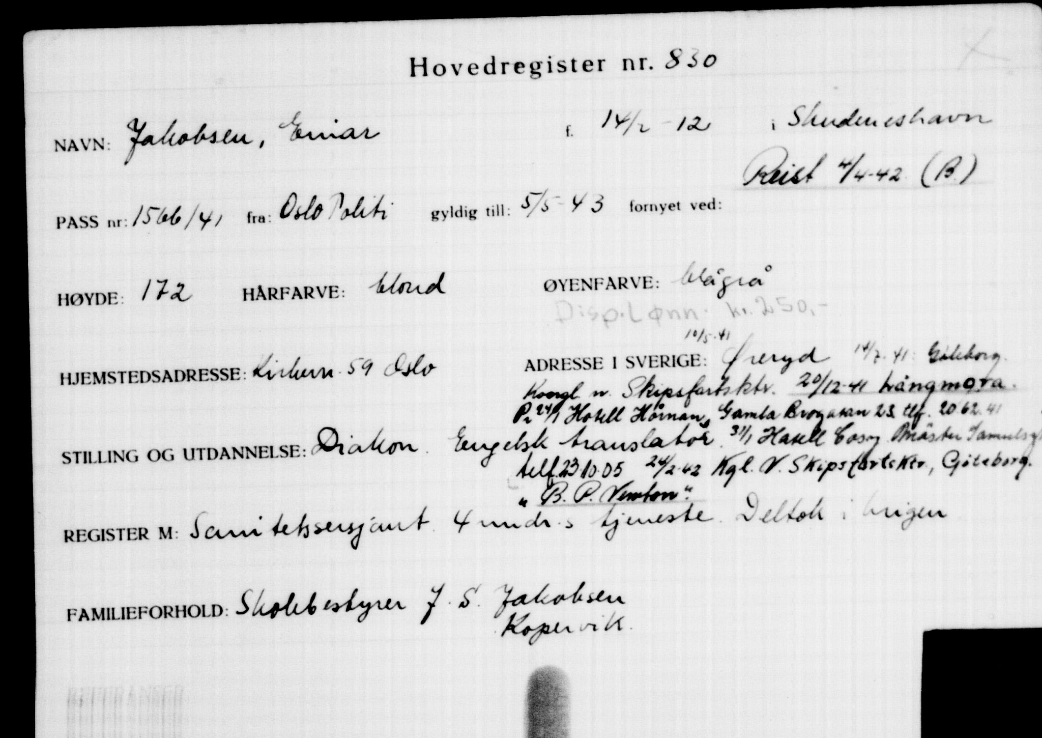 Utenriksstasjonene, Legasjonen i Stockholm, Flyktningkontoret, AV/RA-S-6753/V/Va/L0001: Kjesäterkartoteket, flyktninger med registreringsnr. 1-1000, 1940-1945, s. 1315