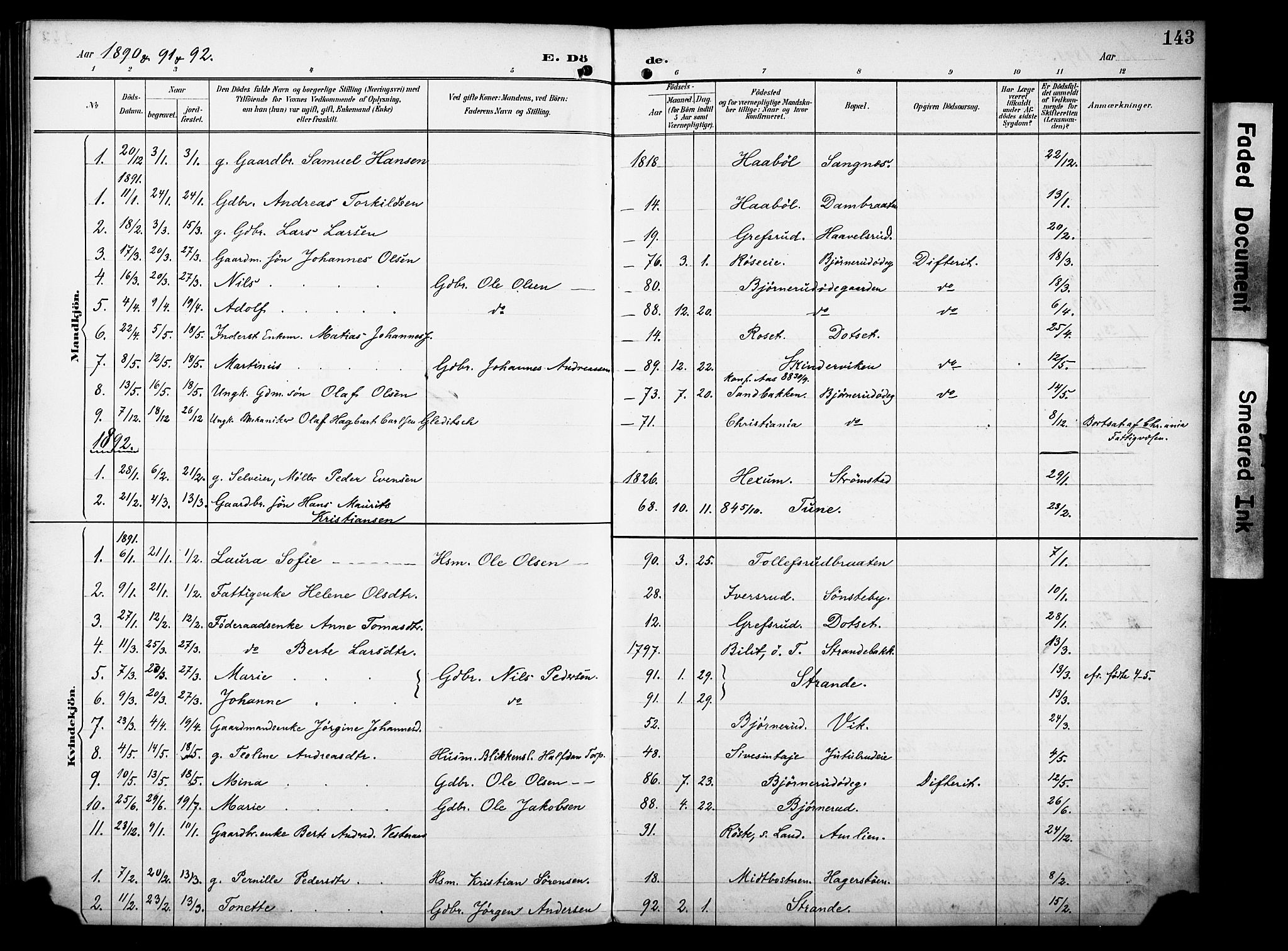 Vestre Toten prestekontor, SAH/PREST-108/H/Ha/Haa/L0012: Ministerialbok nr. 12, 1890-1906, s. 143