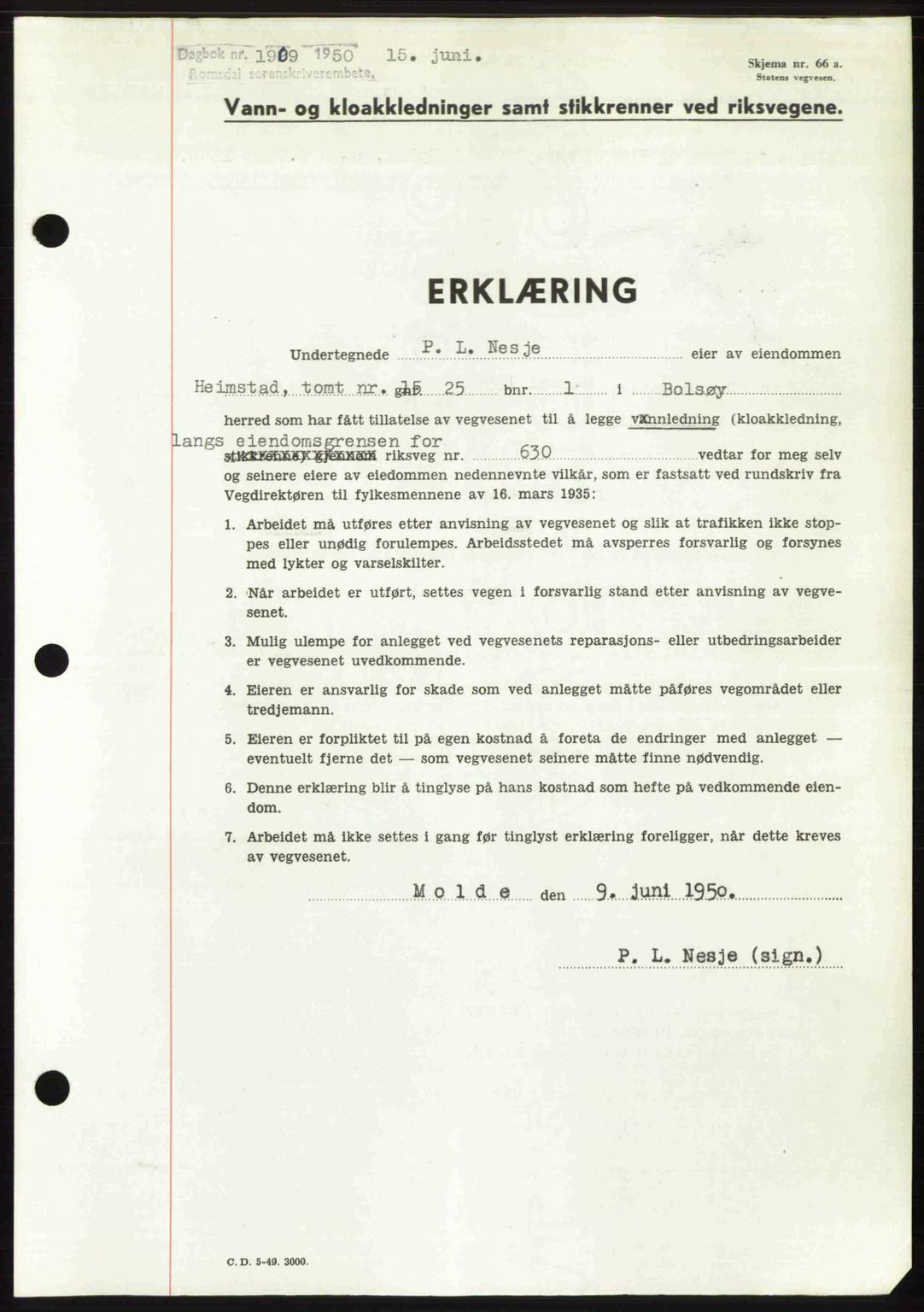 Romsdal sorenskriveri, SAT/A-4149/1/2/2C: Pantebok nr. A33, 1950-1950, Dagboknr: 1909/1950