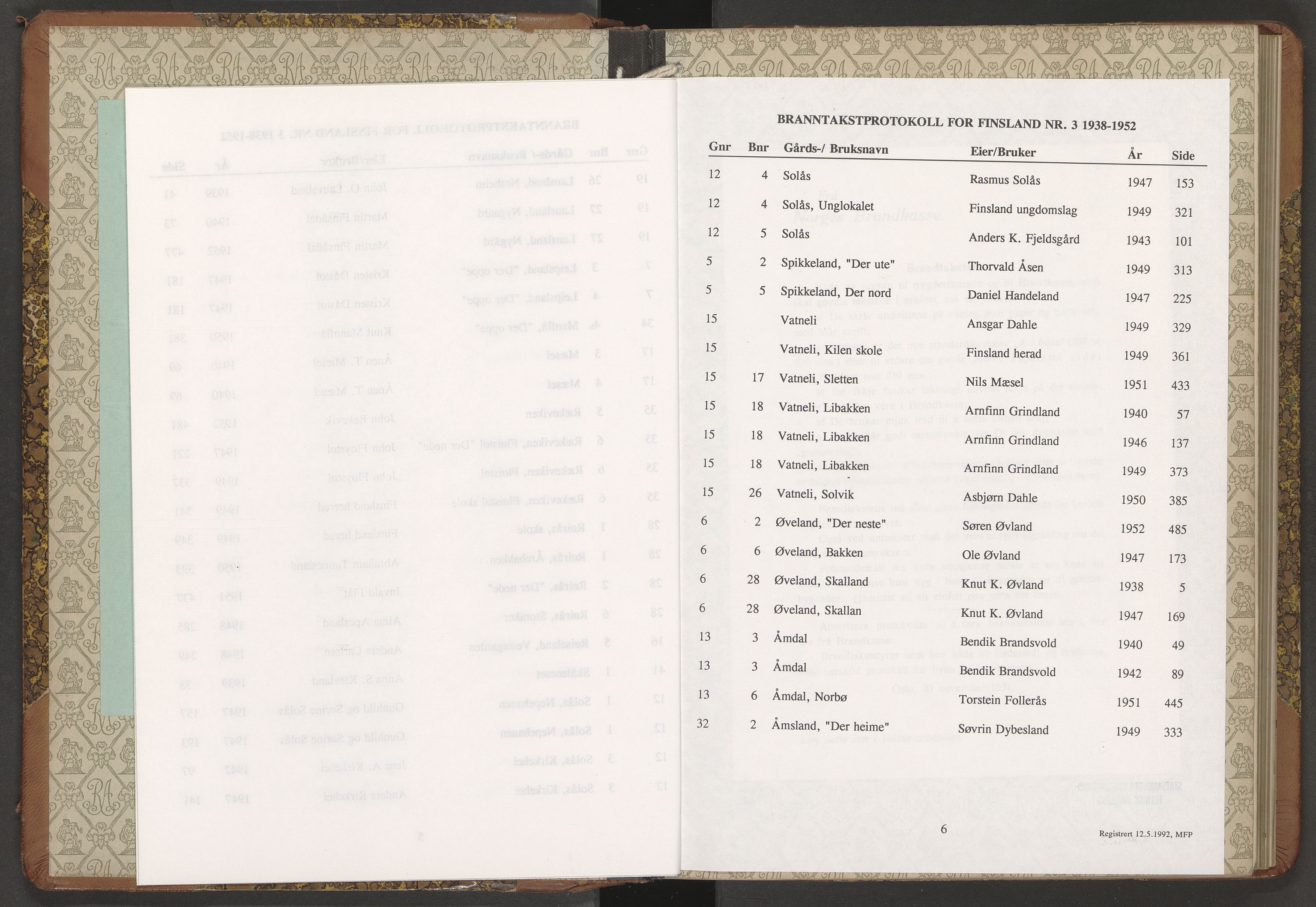 Norges Brannkasse Finsland, AV/SAK-2241-0013/F/Fa/L0003: Branntakstprotokoll nr. 3 med gårdsnavnregister, 1938-1952