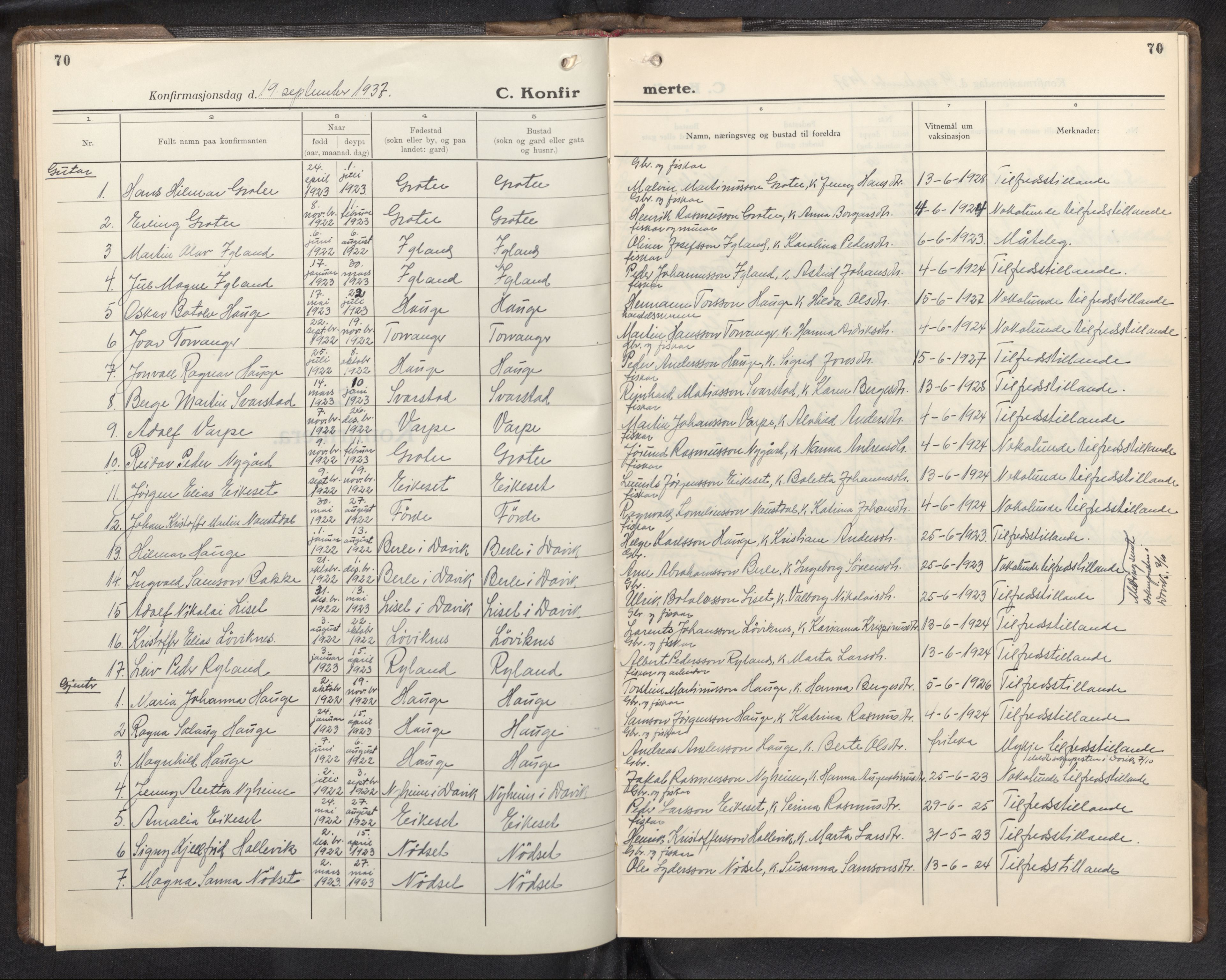 Bremanger sokneprestembete, AV/SAB-A-82201/H/Hab/Habc/L0003: Klokkerbok nr. C 3, 1936-1952, s. 70