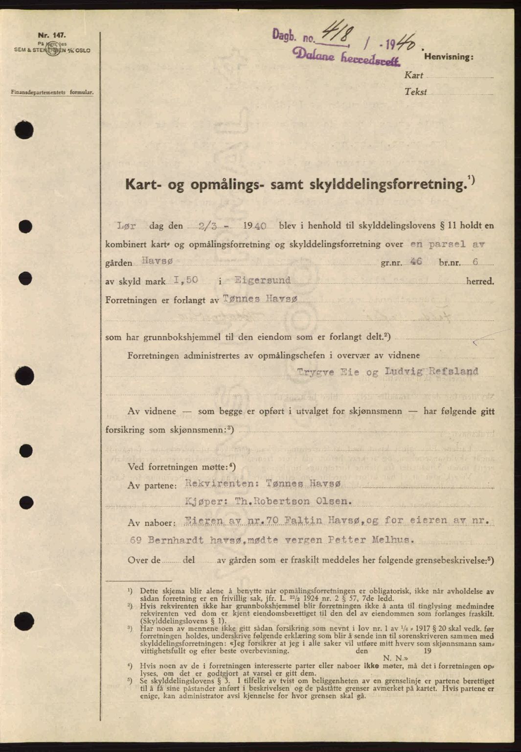 Dalane sorenskriveri, SAST/A-100309/02/G/Gb/L0044: Pantebok nr. A5, 1940-1941, Dagboknr: 418/1940