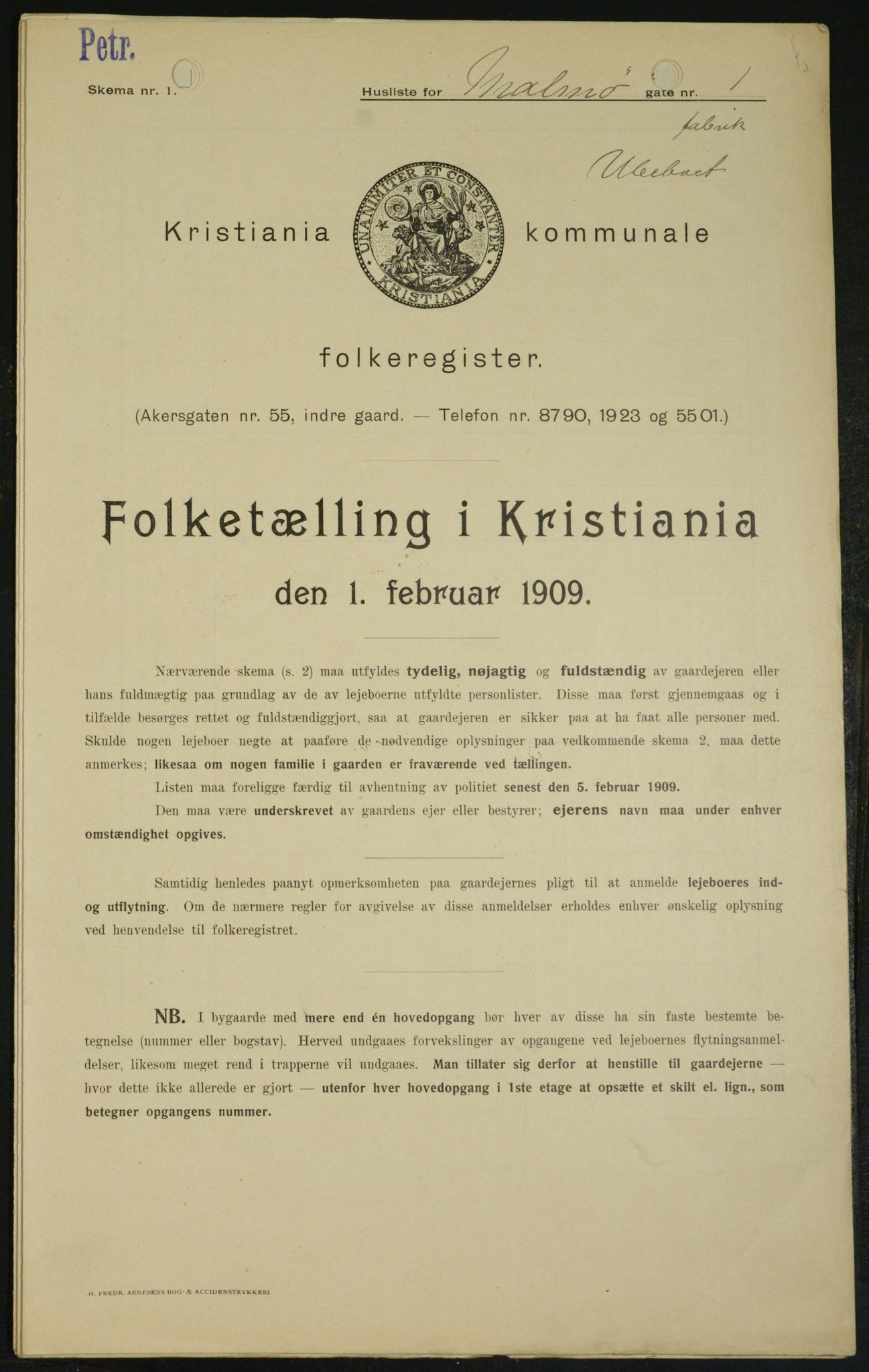 OBA, Kommunal folketelling 1.2.1909 for Kristiania kjøpstad, 1909, s. 54587