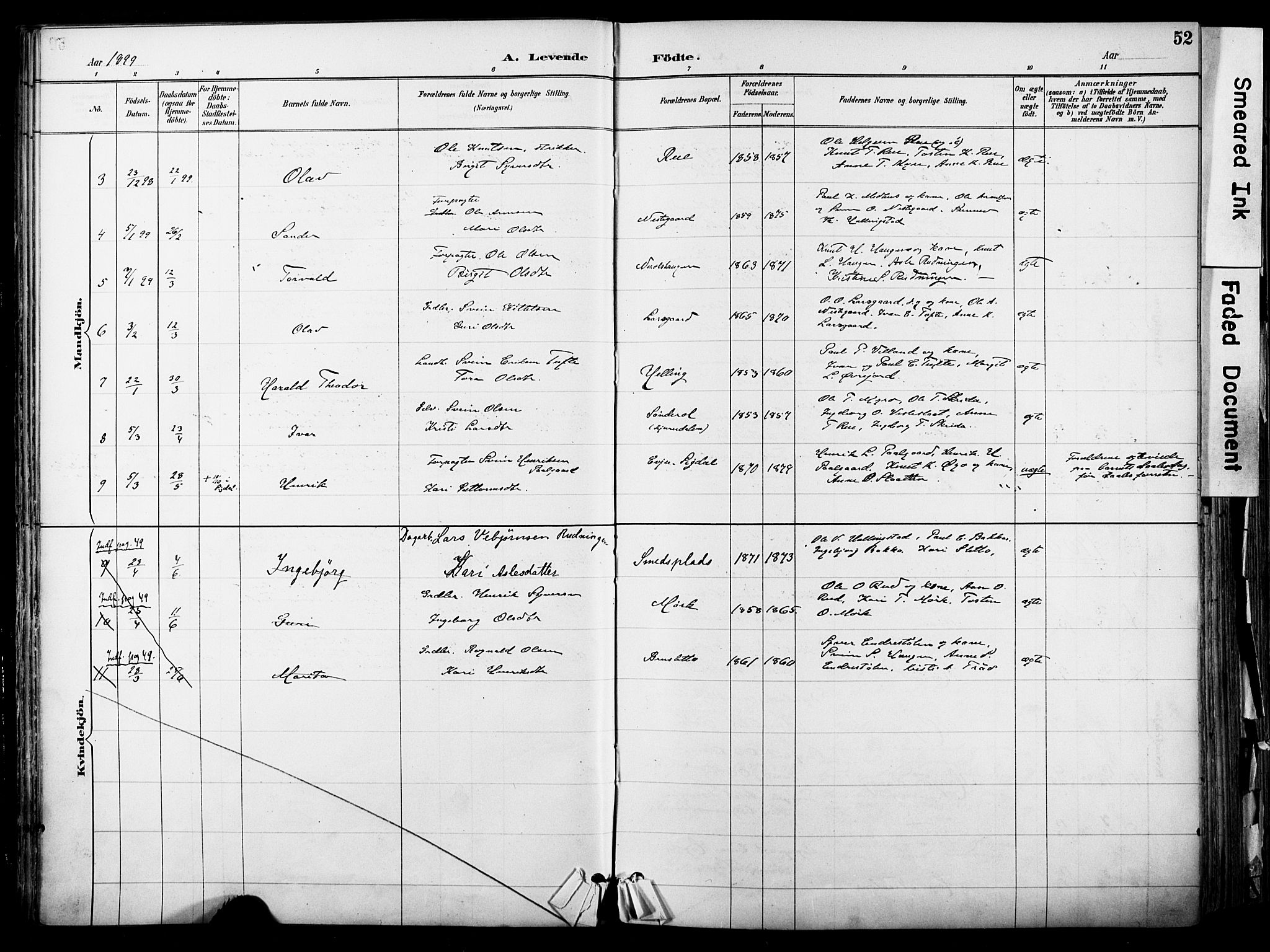 Hol kirkebøker, AV/SAKO-A-227/F/Fa/L0003: Ministerialbok nr. I 3, 1887-1918, s. 52