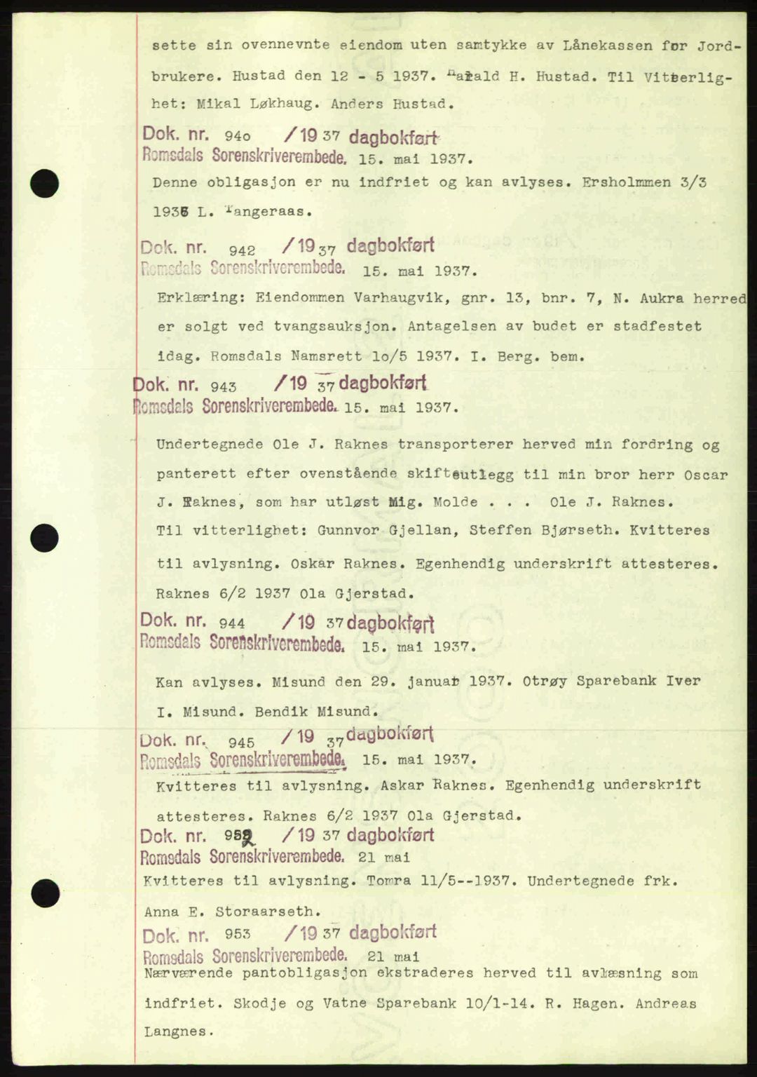 Romsdal sorenskriveri, AV/SAT-A-4149/1/2/2C: Pantebok nr. C1a, 1936-1945, Dagboknr: 940/1937