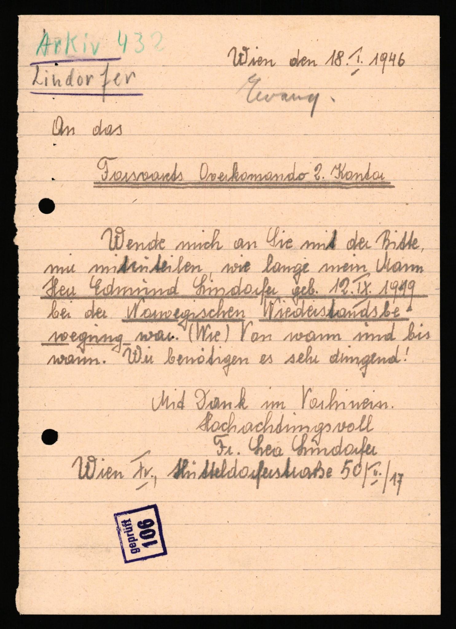 Forsvaret, Forsvarets overkommando II, AV/RA-RAFA-3915/D/Db/L0039: CI Questionaires. Tyske okkupasjonsstyrker i Norge. Østerrikere., 1945-1946, s. 329