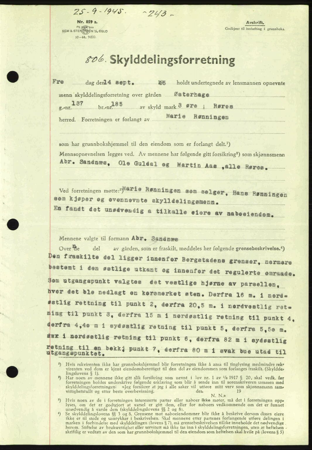 Gauldal sorenskriveri, SAT/A-0014/1/2/2C: Pantebok nr. A1a, 1945-1945, Dagboknr: 806/1945