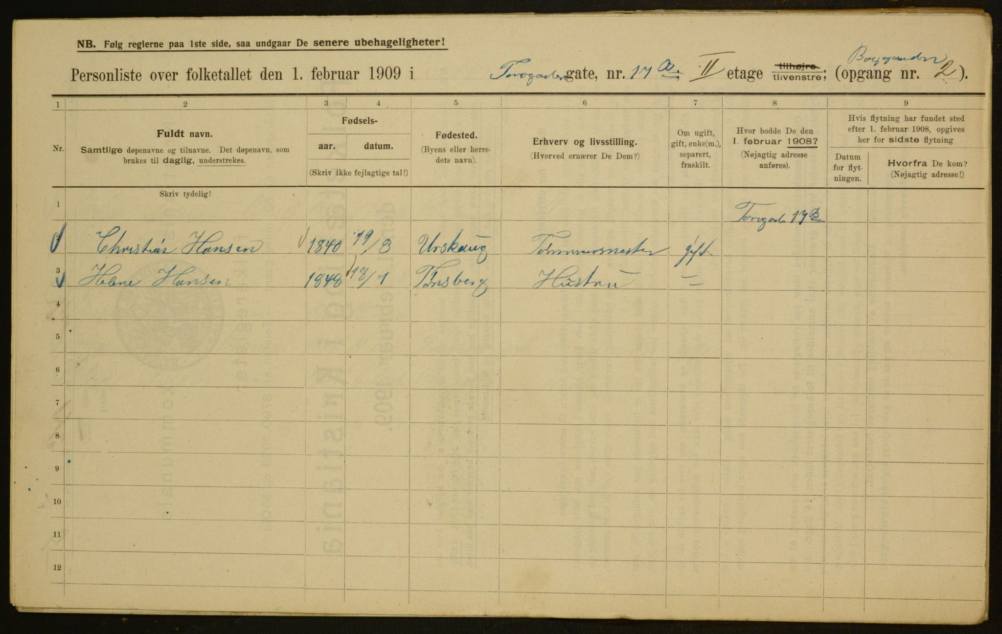 OBA, Kommunal folketelling 1.2.1909 for Kristiania kjøpstad, 1909, s. 103409