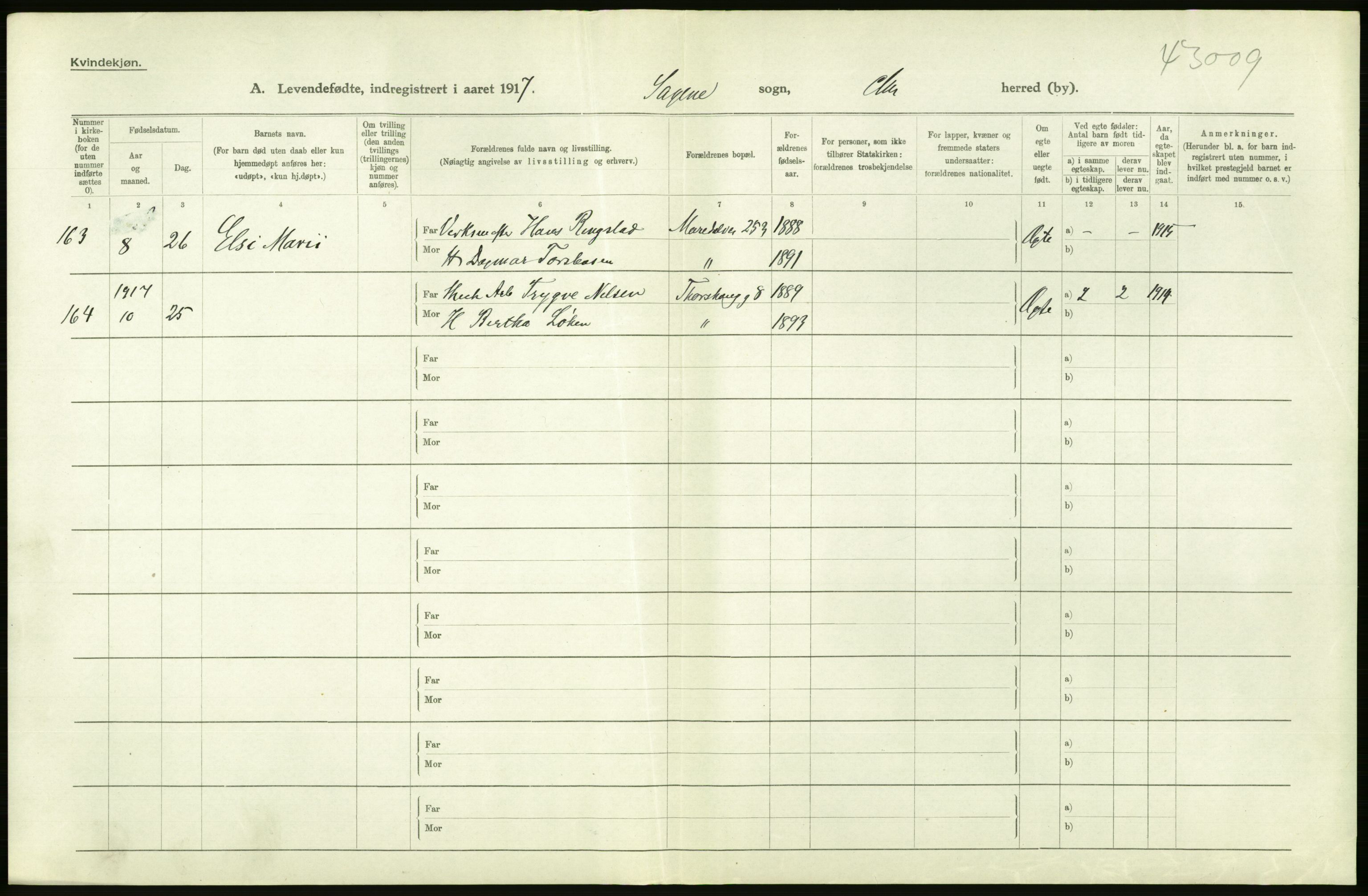 Statistisk sentralbyrå, Sosiodemografiske emner, Befolkning, AV/RA-S-2228/D/Df/Dfb/Dfbg/L0007: Kristiania: Levendefødte menn og kvinner., 1917, s. 174