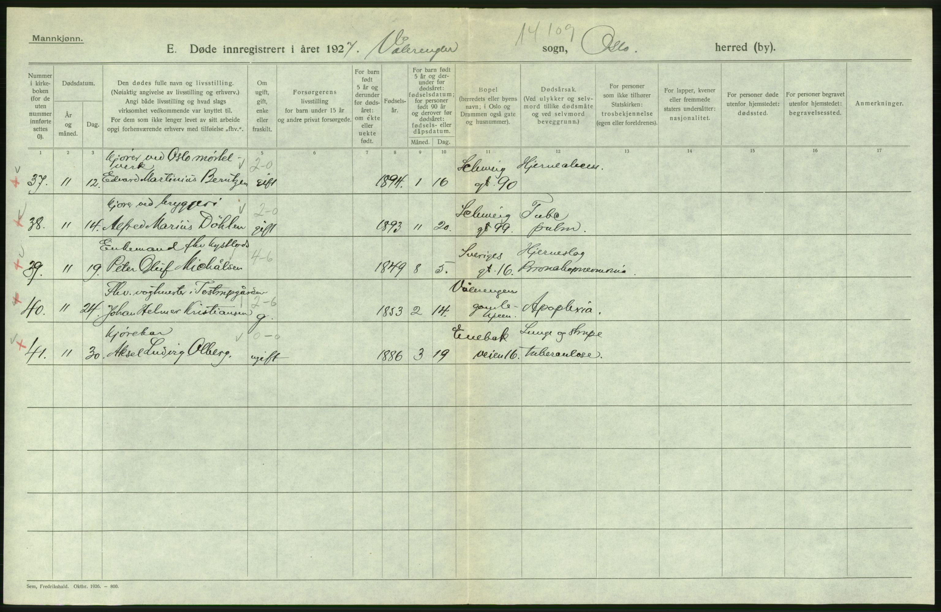 Statistisk sentralbyrå, Sosiodemografiske emner, Befolkning, RA/S-2228/D/Df/Dfc/Dfcg/L0009: Oslo: Døde menn, 1927, s. 516