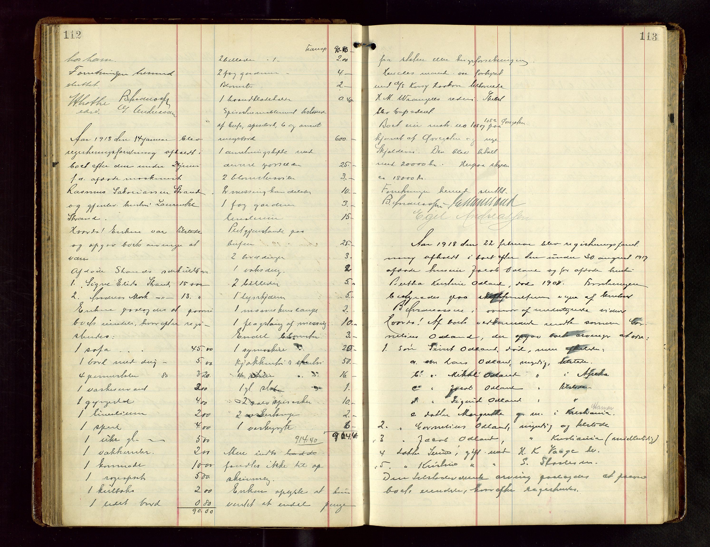 Haugesund tingrett, AV/SAST-A-101415/01/IV/IVB/L0004: Skifteregistreringsprotokoll, med register, 1914-1923, s. 112-113