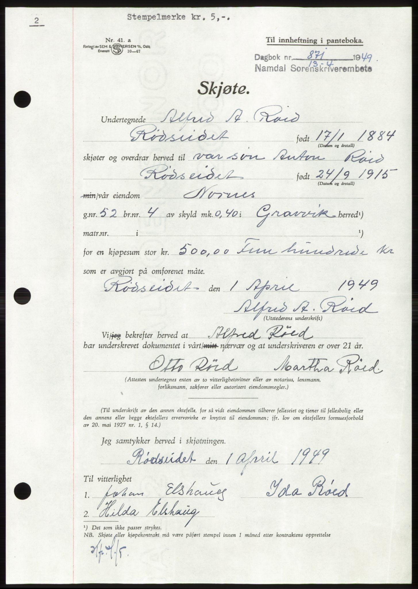 Namdal sorenskriveri, SAT/A-4133/1/2/2C: Pantebok nr. -, 1949-1949, Dagboknr: 871/1949