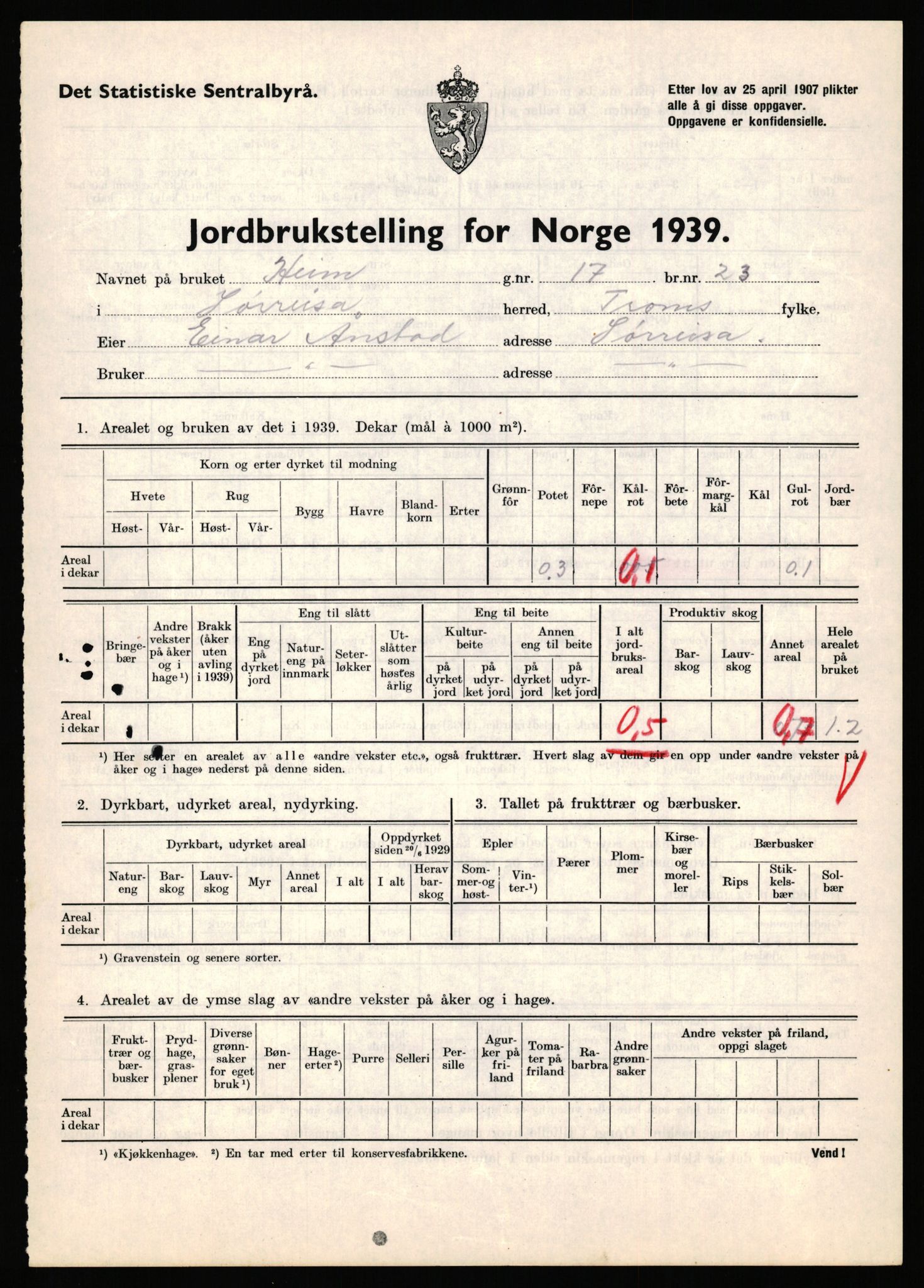 Statistisk sentralbyrå, Næringsøkonomiske emner, Jordbruk, skogbruk, jakt, fiske og fangst, AV/RA-S-2234/G/Gb/L0341: Troms: Sørreisa og Tranøy, 1939, s. 38