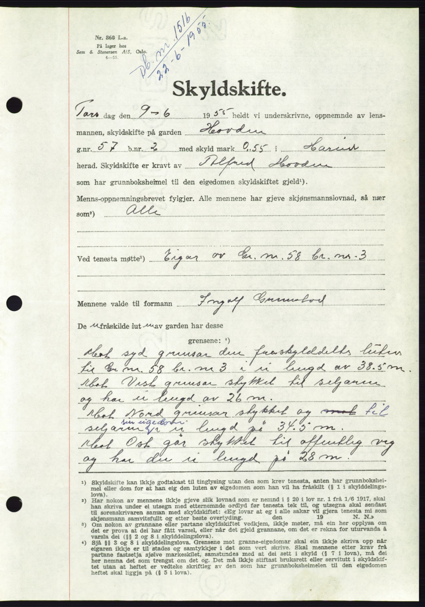 Søre Sunnmøre sorenskriveri, AV/SAT-A-4122/1/2/2C/L0101: Pantebok nr. 27A, 1955-1955, Dagboknr: 1516/1955