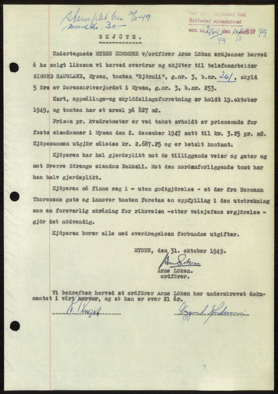 Rakkestad sorenskriveri, SAO/A-10686/G/Gb/Gba/Gbab/L0019: Pantebok nr. A19, 1949-1950, Dagboknr: 2164/1949