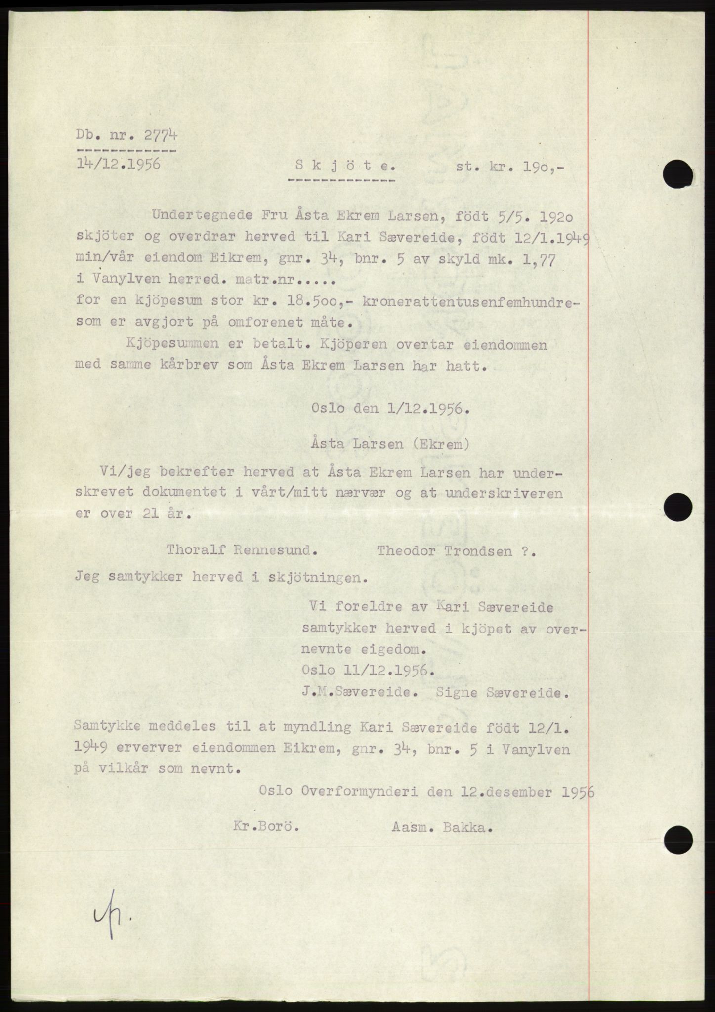 Søre Sunnmøre sorenskriveri, AV/SAT-A-4122/1/2/2C/L0105: Pantebok nr. 31A, 1956-1957, Dagboknr: 2774/1956