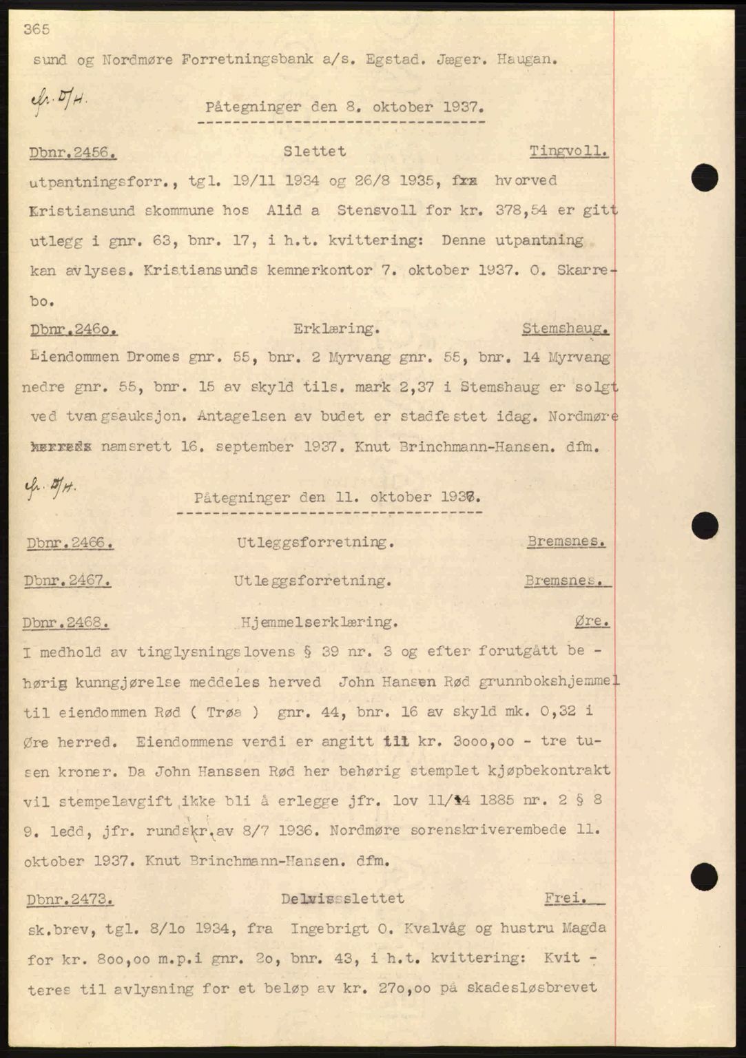 Nordmøre sorenskriveri, SAT/A-4132/1/2/2Ca: Pantebok nr. C80, 1936-1939, Dagboknr: 2456/1937