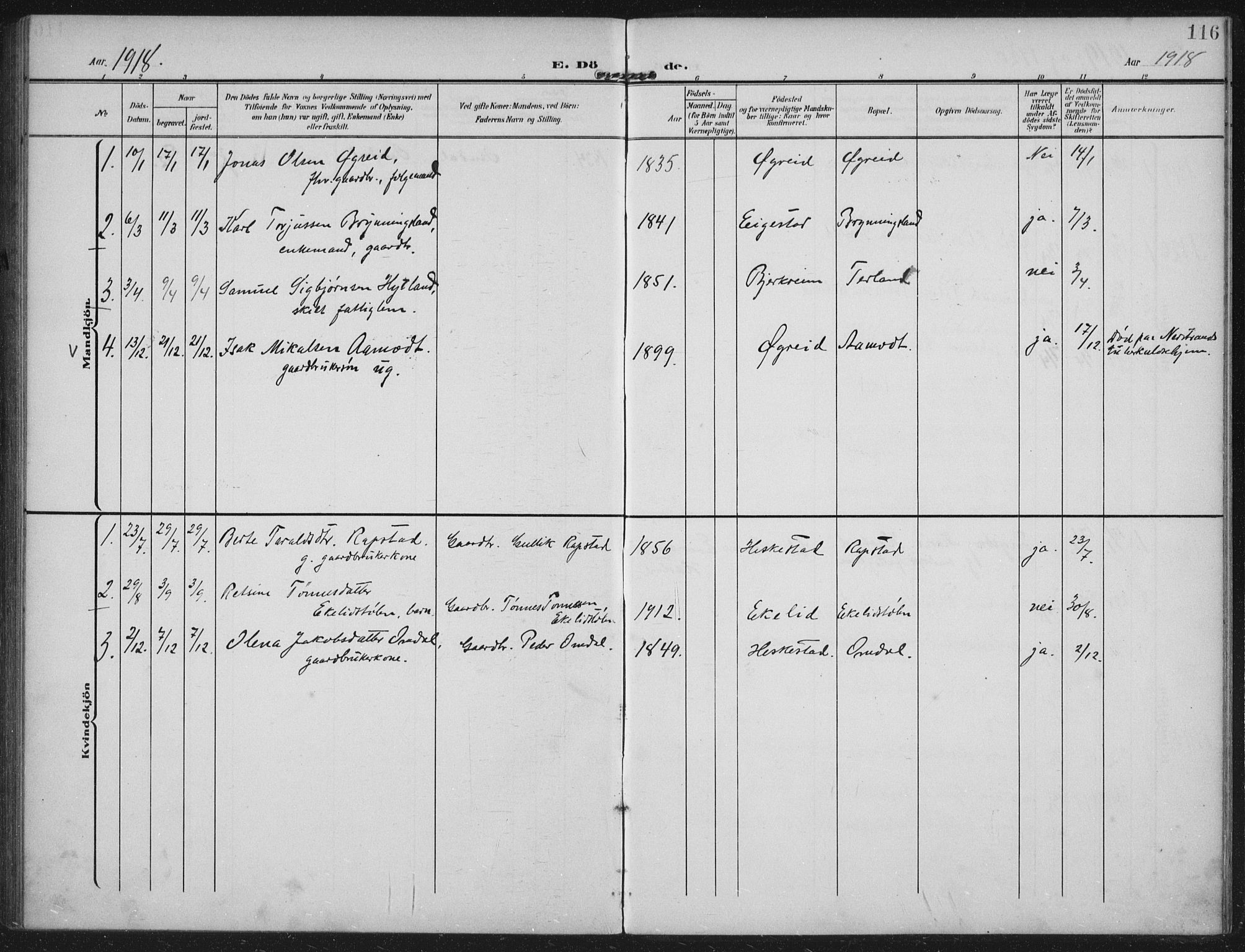 Helleland sokneprestkontor, AV/SAST-A-101810: Ministerialbok nr. A 12, 1906-1923, s. 116