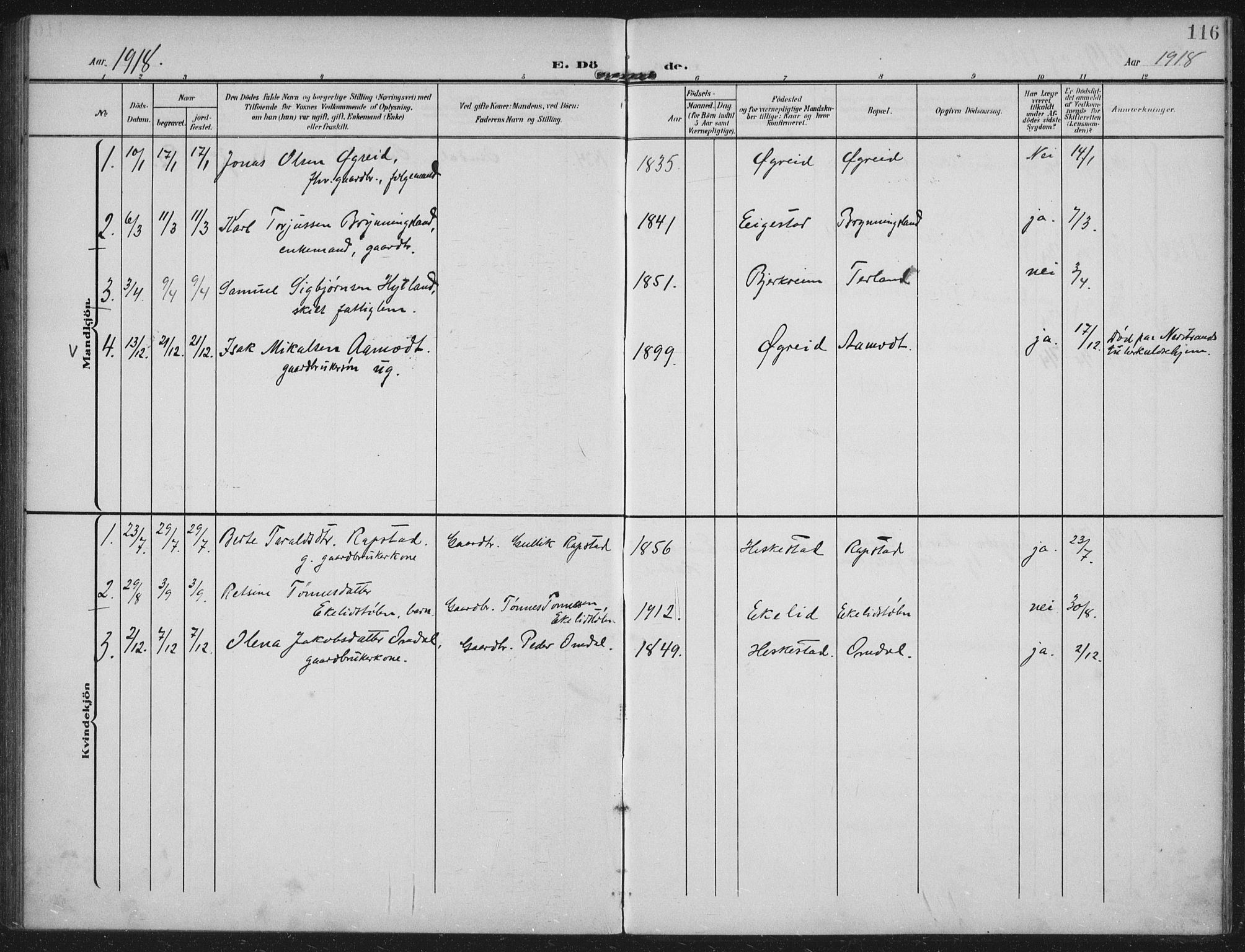 Helleland sokneprestkontor, SAST/A-101810: Ministerialbok nr. A 12, 1906-1923, s. 116