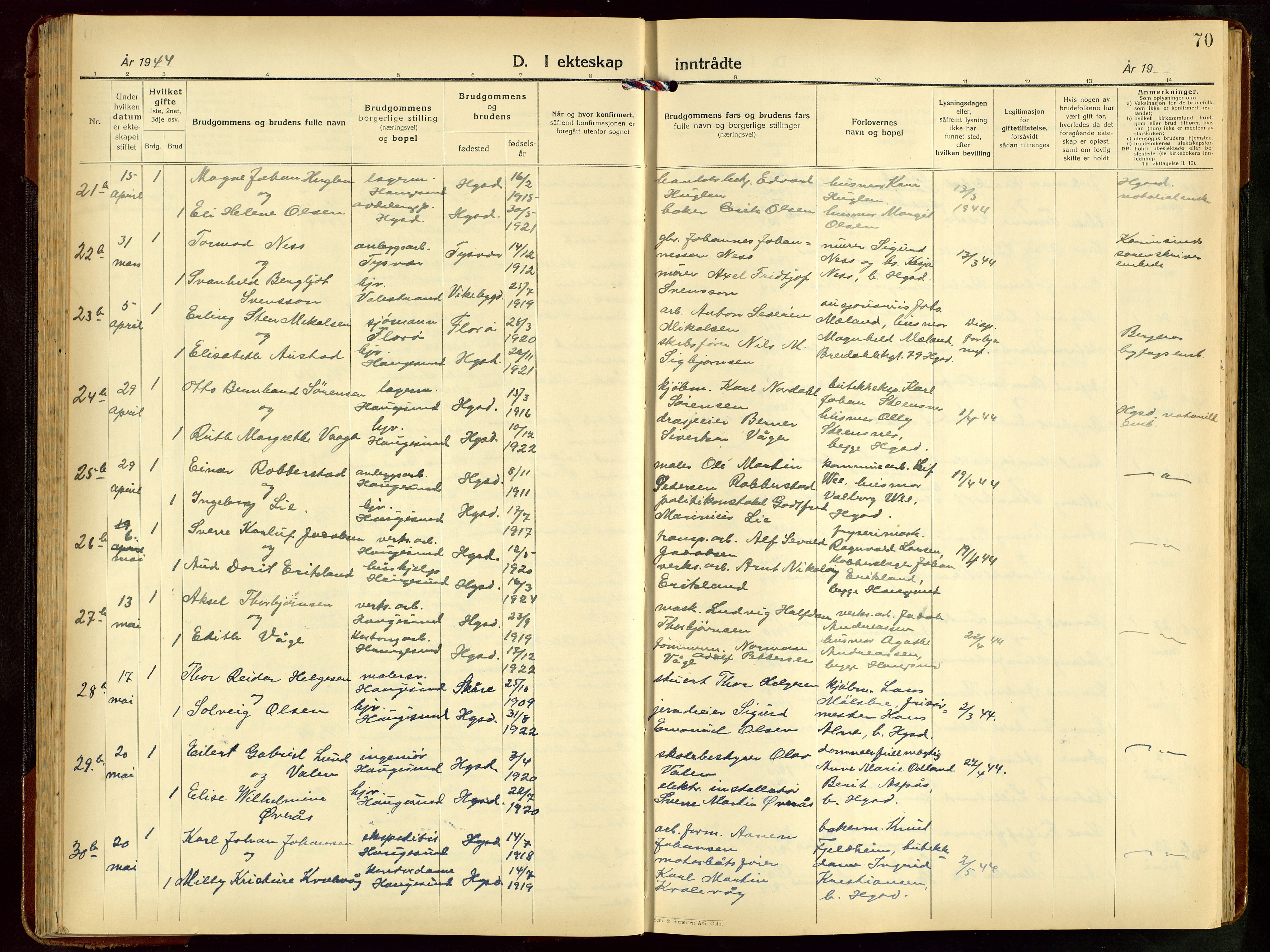 Haugesund sokneprestkontor, AV/SAST-A -101863/H/Ha/Hab/L0014: Klokkerbok nr. B 14, 1940-1952, s. 70