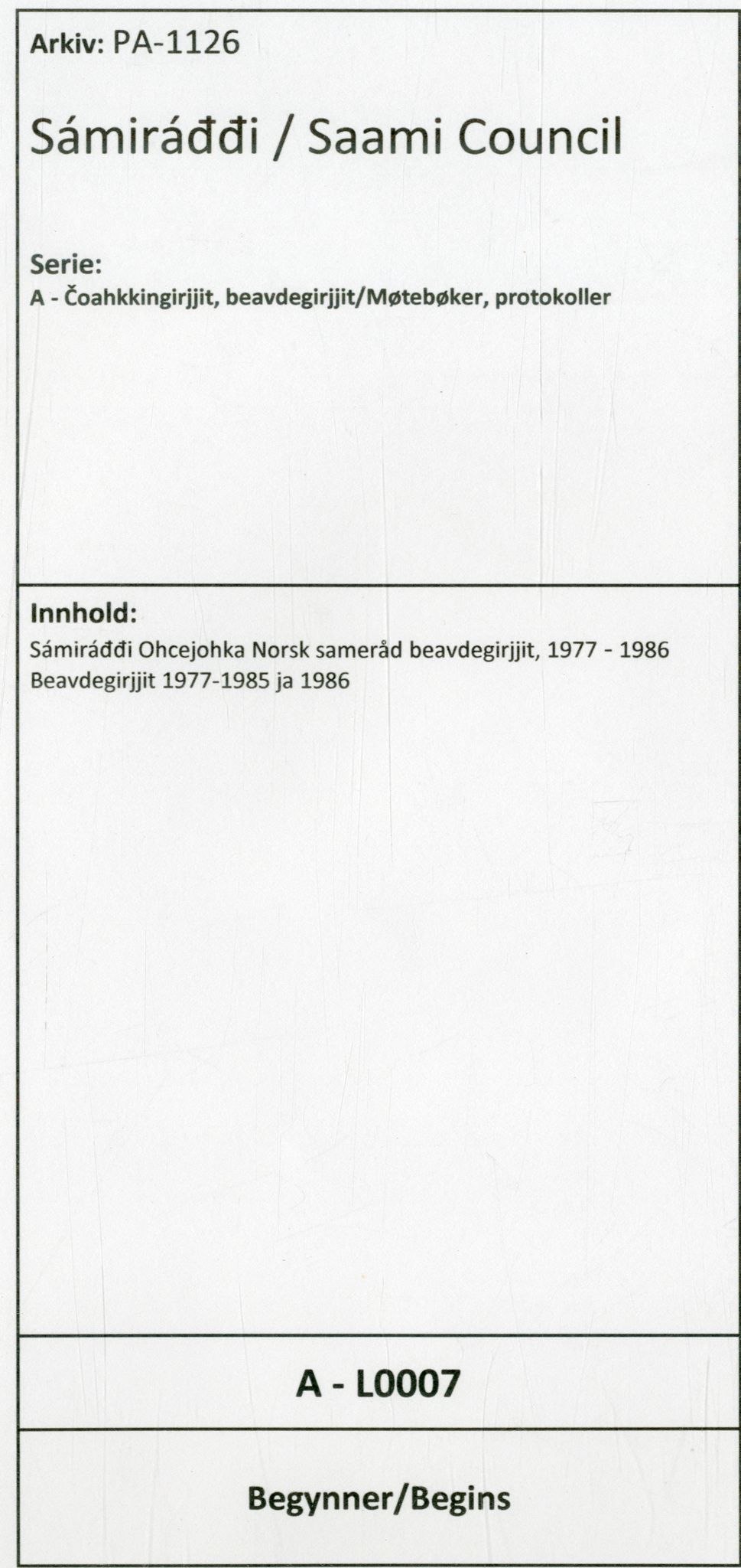 Sámiráđđi / Saami Council, SAMI/PA-1126/A/L0007: Sámiráđđi Ohcejohka Norsk sameråd beavdegirjjit, 1977-1986