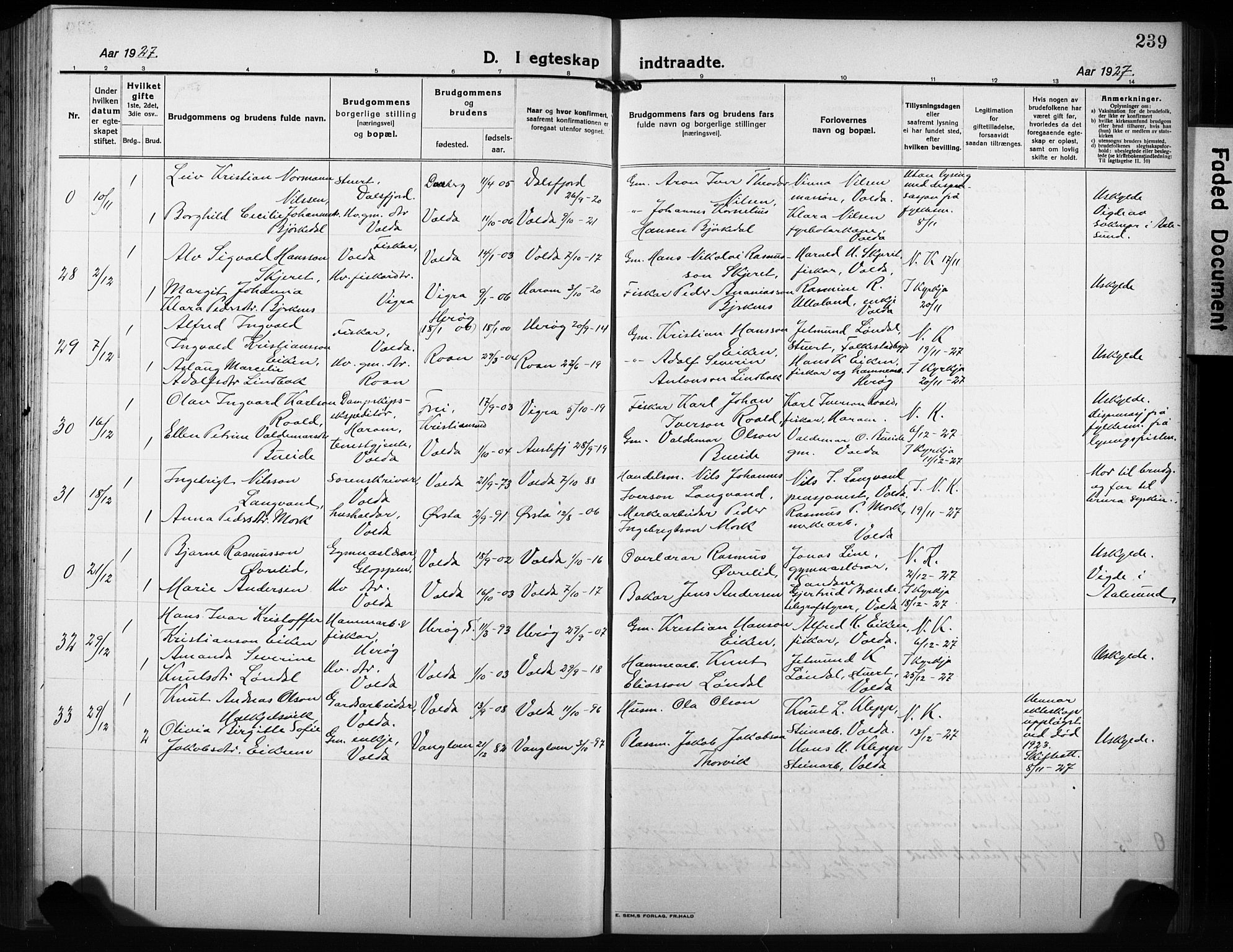 Ministerialprotokoller, klokkerbøker og fødselsregistre - Møre og Romsdal, AV/SAT-A-1454/511/L0160: Klokkerbok nr. 511C06, 1920-1932, s. 239