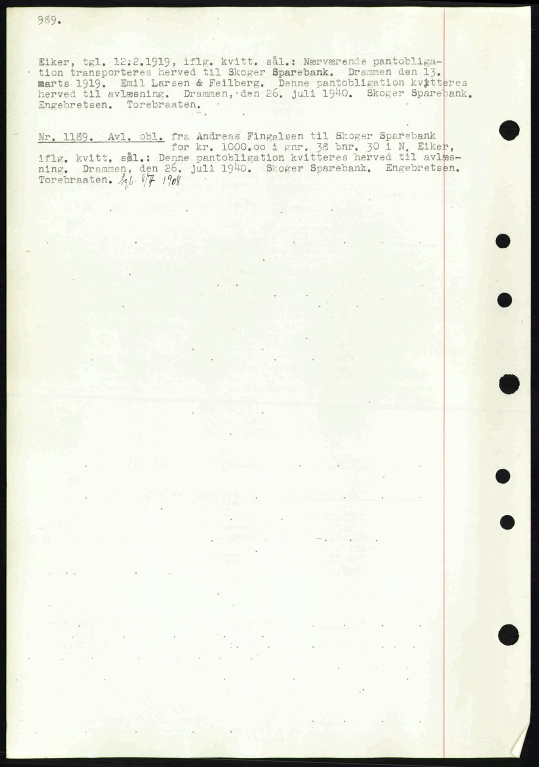 Eiker, Modum og Sigdal sorenskriveri, SAKO/A-123/G/Ga/Gab/L0041: Pantebok nr. A11, 1939-1940, Dagboknr: 1189/1940