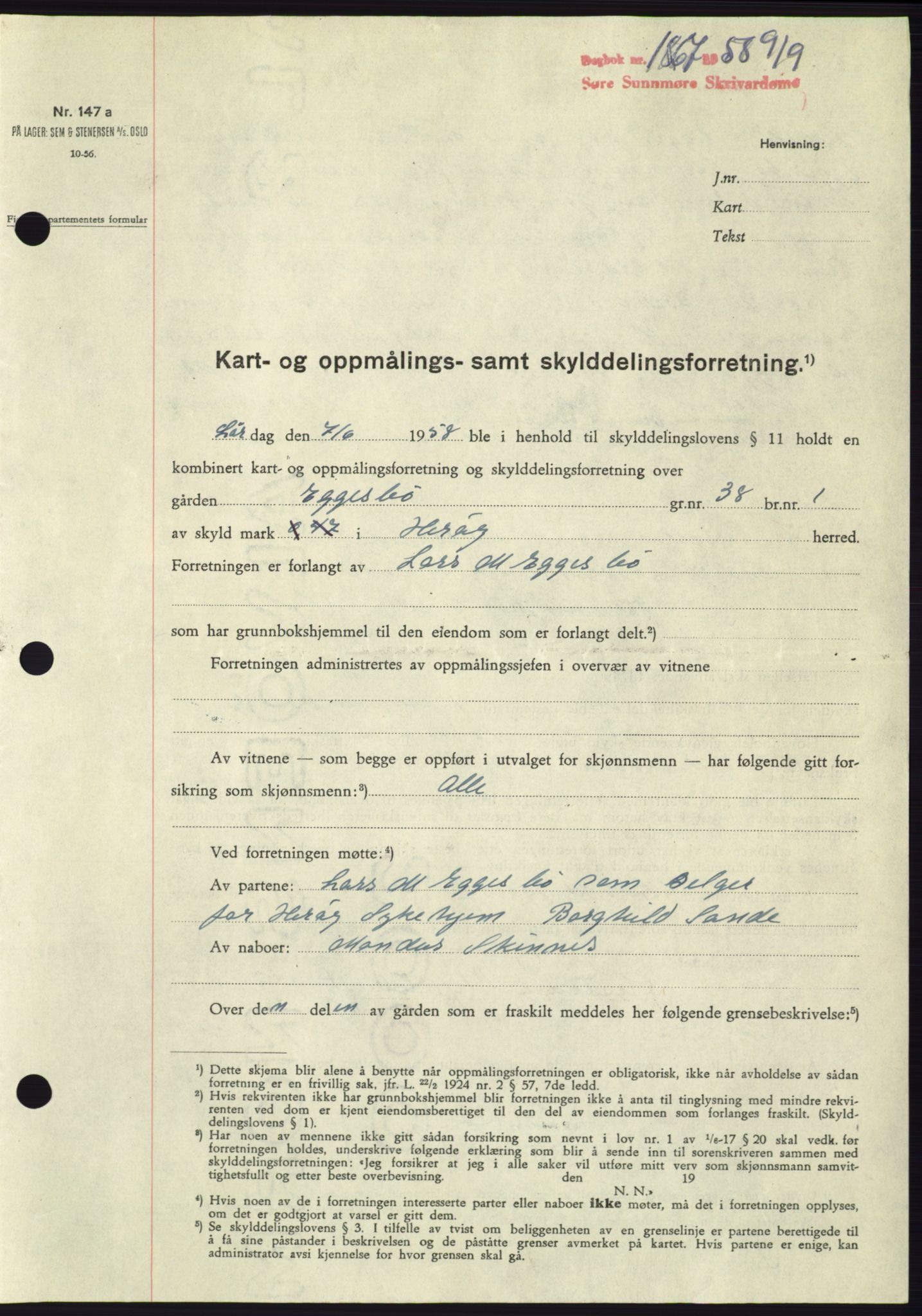 Søre Sunnmøre sorenskriveri, AV/SAT-A-4122/1/2/2C/L0110: Pantebok nr. 36A, 1958-1958, Dagboknr: 1867/1958