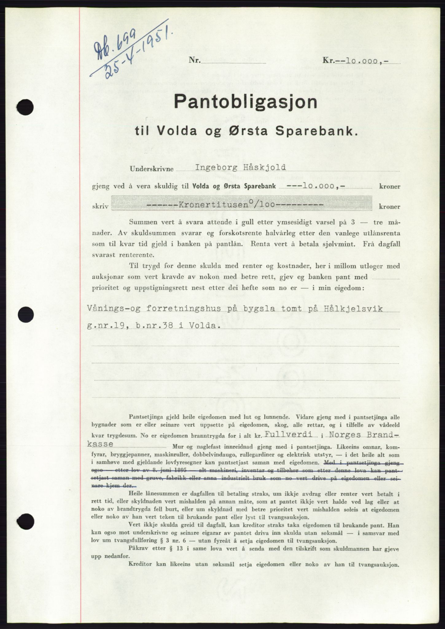 Søre Sunnmøre sorenskriveri, SAT/A-4122/1/2/2C/L0119: Pantebok nr. 7B, 1950-1951, Dagboknr: 699/1951