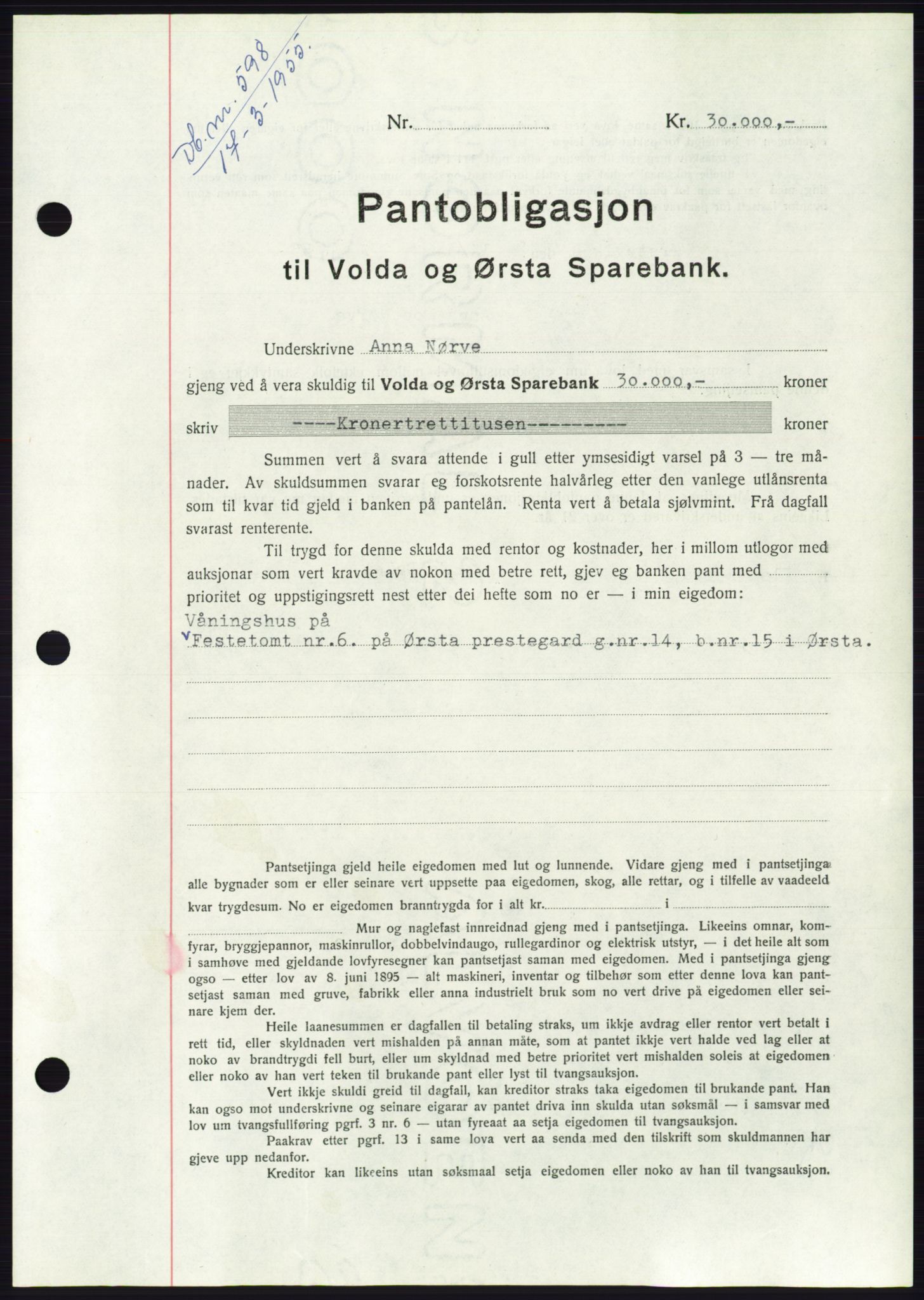 Søre Sunnmøre sorenskriveri, AV/SAT-A-4122/1/2/2C/L0126: Pantebok nr. 14B, 1954-1955, Dagboknr: 598/1955