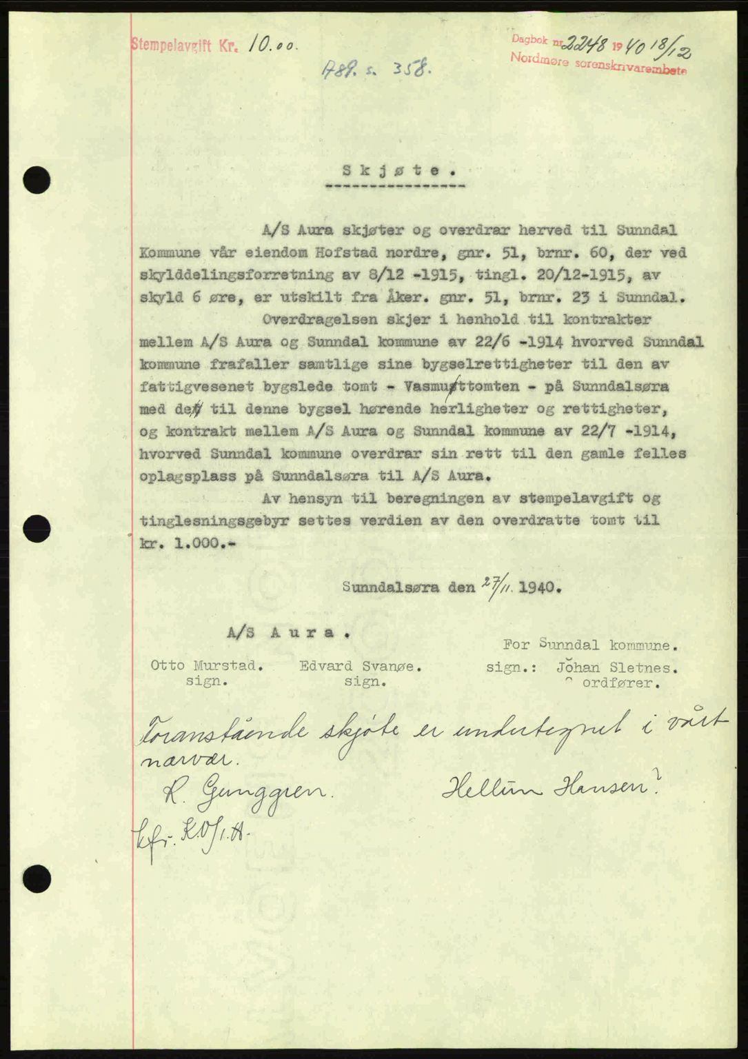 Nordmøre sorenskriveri, SAT/A-4132/1/2/2Ca: Pantebok nr. A89, 1940-1941, Dagboknr: 2248/1940