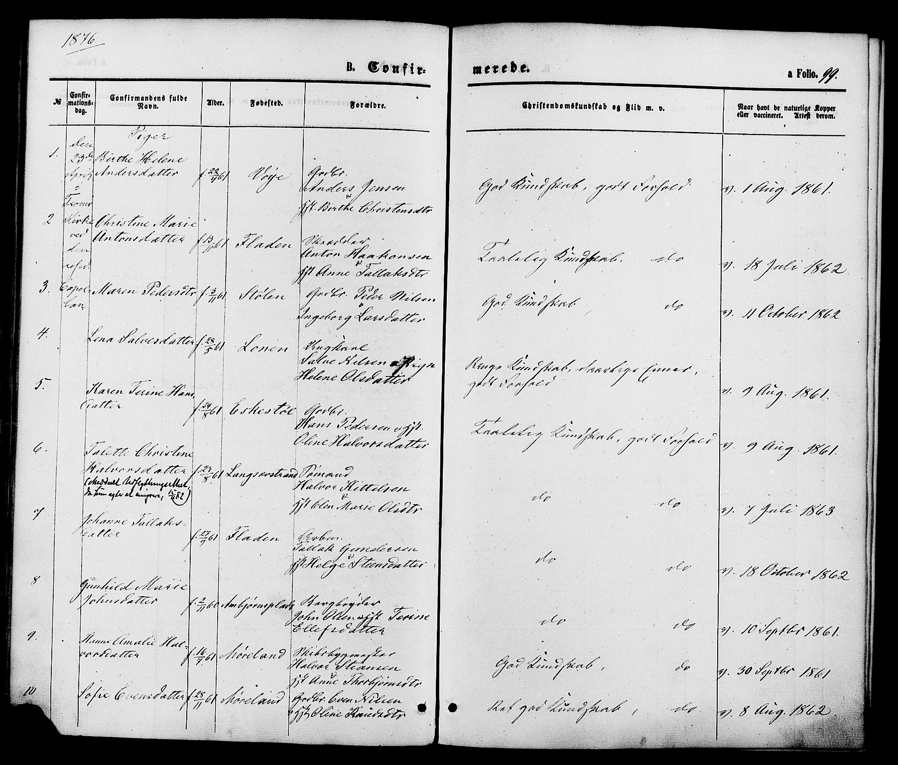 Austre Moland sokneprestkontor, AV/SAK-1111-0001/F/Fa/Faa/L0009: Ministerialbok nr. A 9, 1869-1879, s. 99