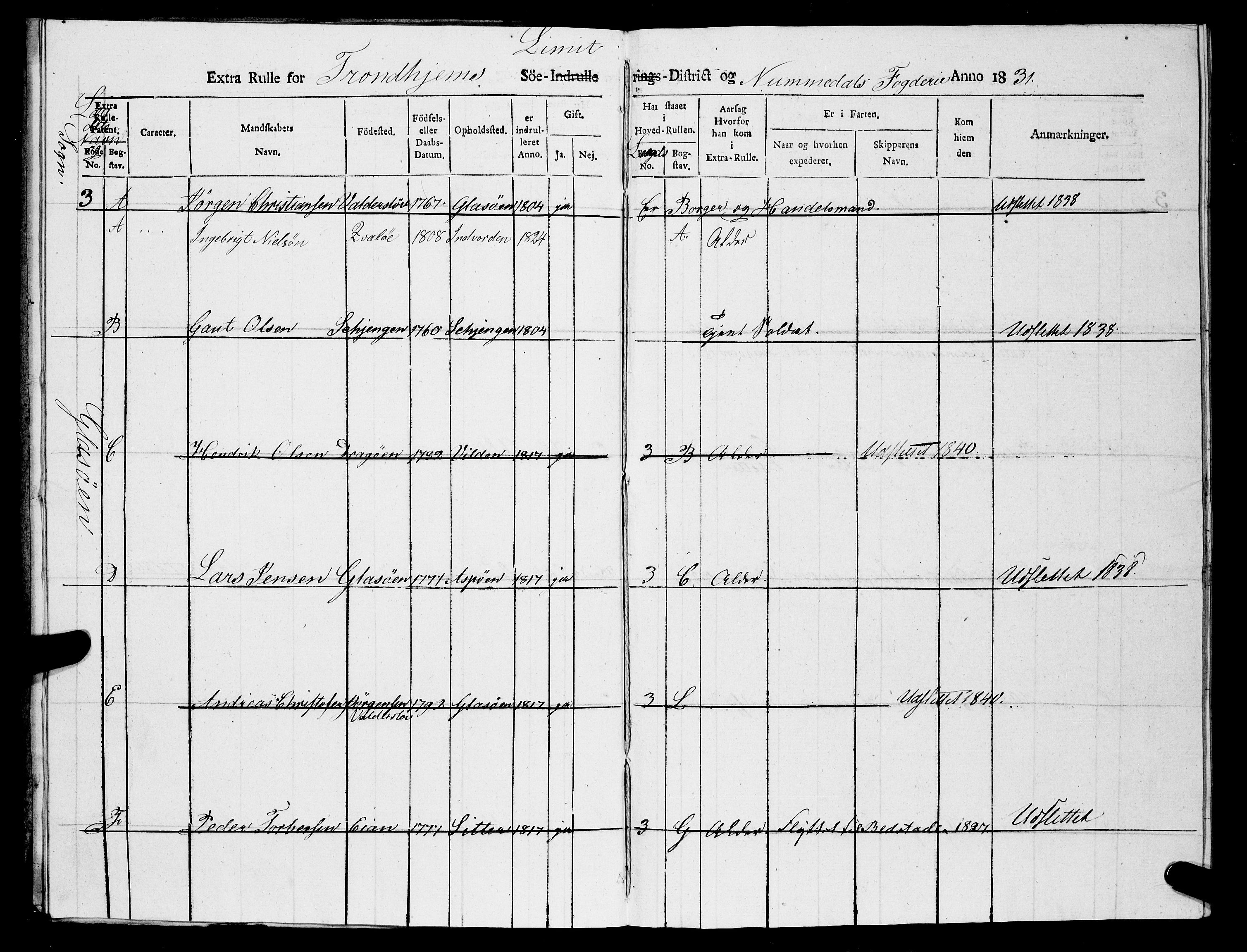 Sjøinnrulleringen - Trondhjemske distrikt, AV/SAT-A-5121/01/L0319/0005: -- / Ekstrarulle, for Nordre Trondhjems amt, Namdalens fogderi, 1831