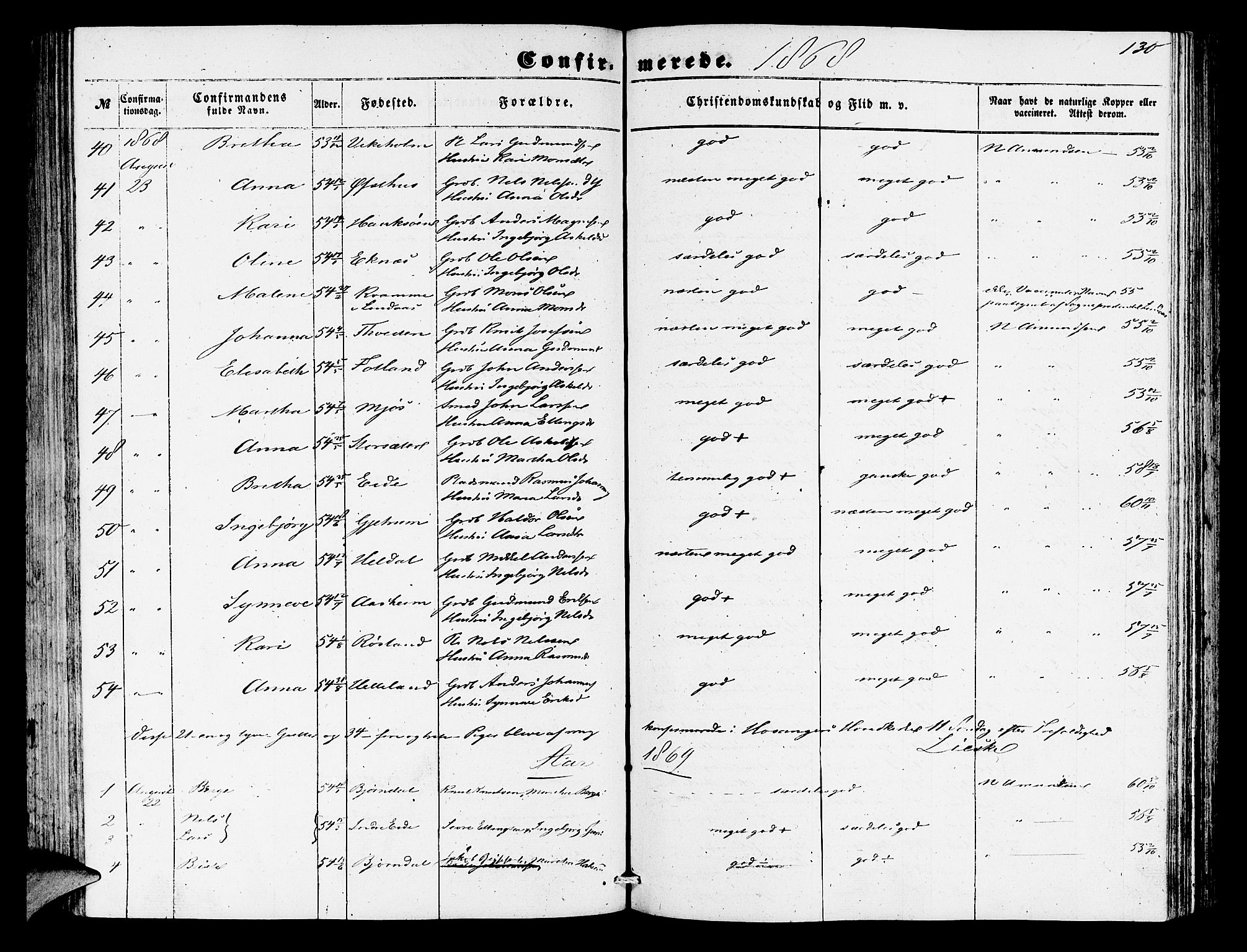 Hosanger sokneprestembete, AV/SAB-A-75801/H/Hab: Klokkerbok nr. A 2, 1857-1881, s. 130