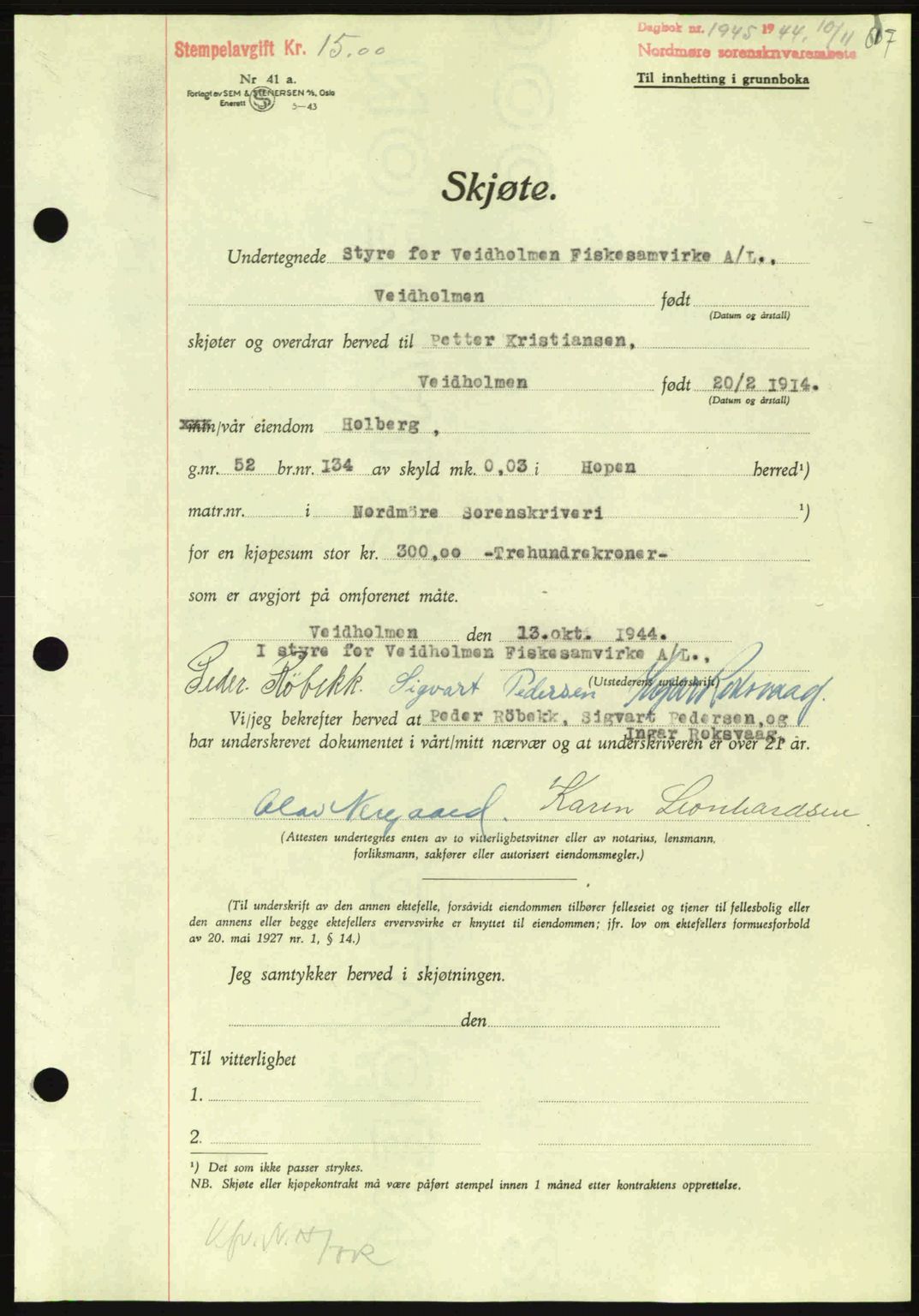 Nordmøre sorenskriveri, AV/SAT-A-4132/1/2/2Ca: Pantebok nr. A98, 1944-1944, Dagboknr: 1945/1944