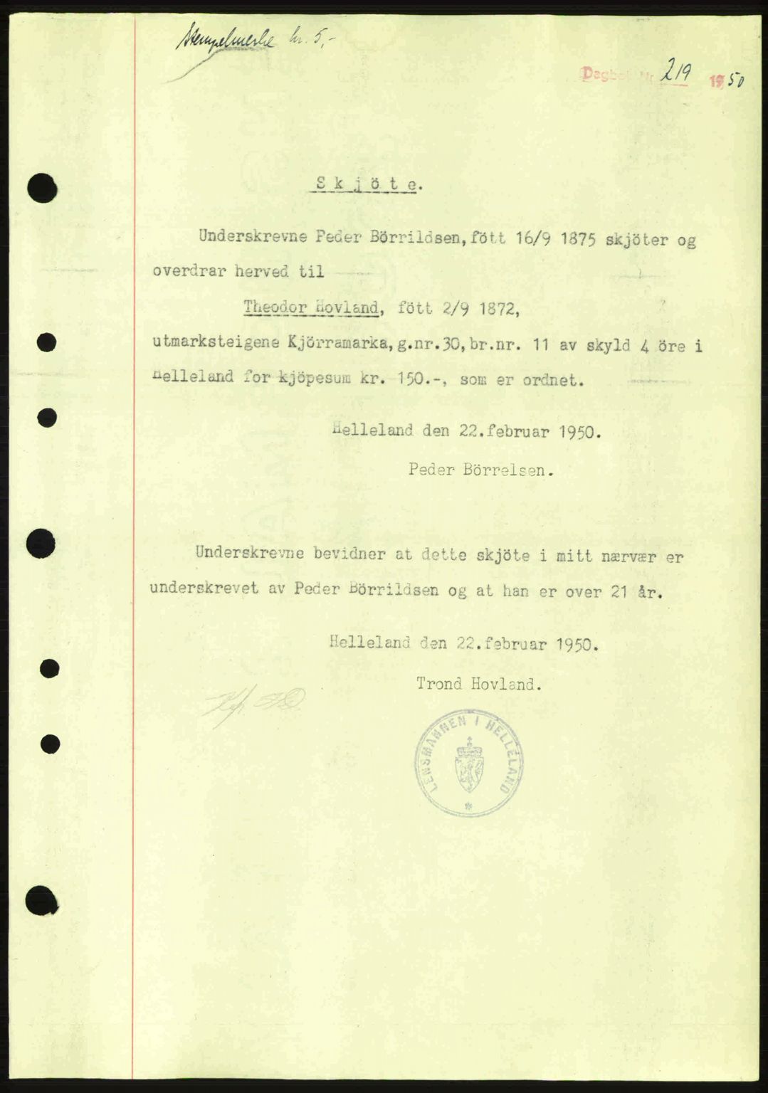 Dalane sorenskriveri, SAST/A-100309/02/G/Gb/L0054: Pantebok nr. A14, 1949-1950, Dagboknr: 219/1950