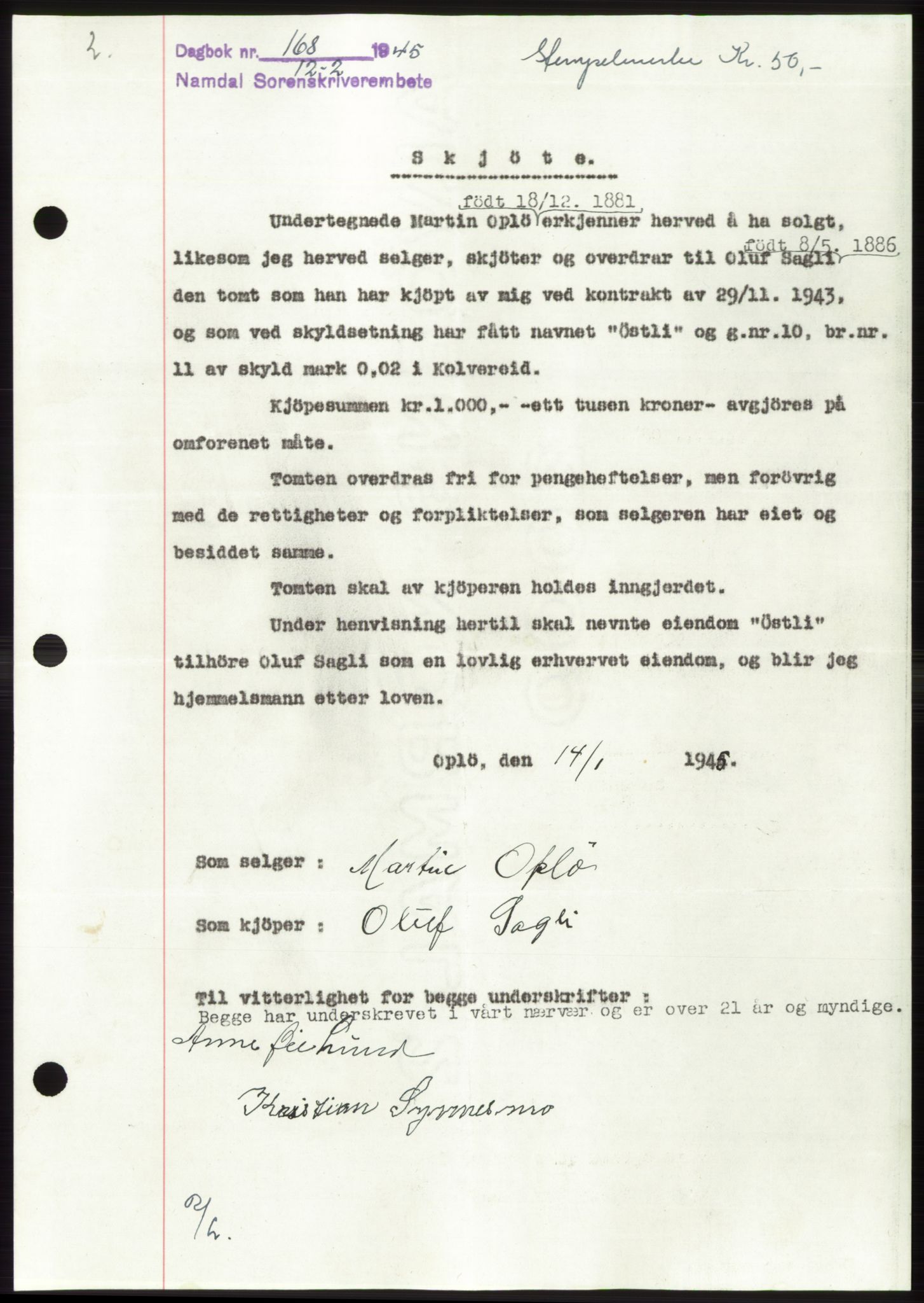 Namdal sorenskriveri, SAT/A-4133/1/2/2C: Pantebok nr. -, 1944-1945, Dagboknr: 168/1945