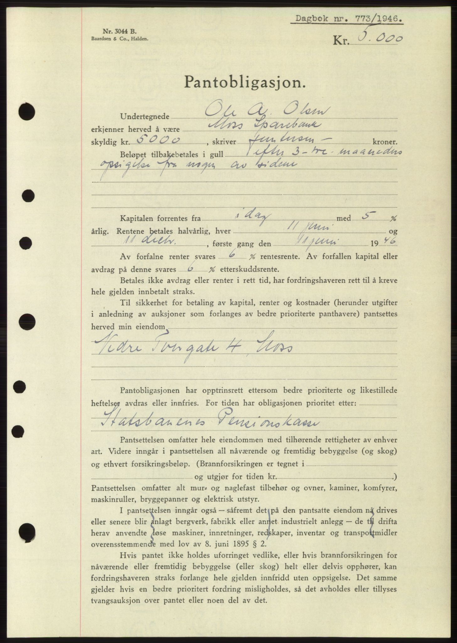 Moss sorenskriveri, SAO/A-10168: Pantebok nr. B15, 1946-1946, Dagboknr: 773/1946